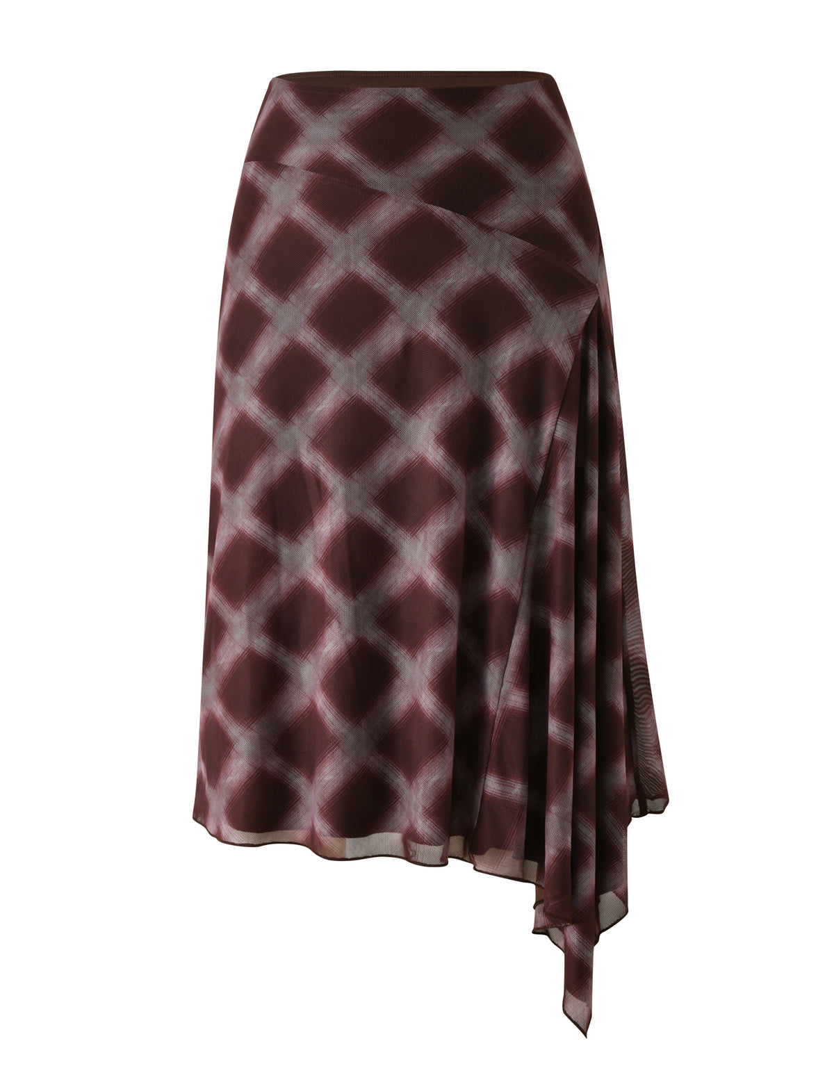 TIGERMIST’s SAFFRON MIDI SKIRT - MAHOGANY CHECK is a low-waisted, asymmetrical midi skirt made from lightweight fabric, featuring a maroon and white check pattern with a draped side detail.