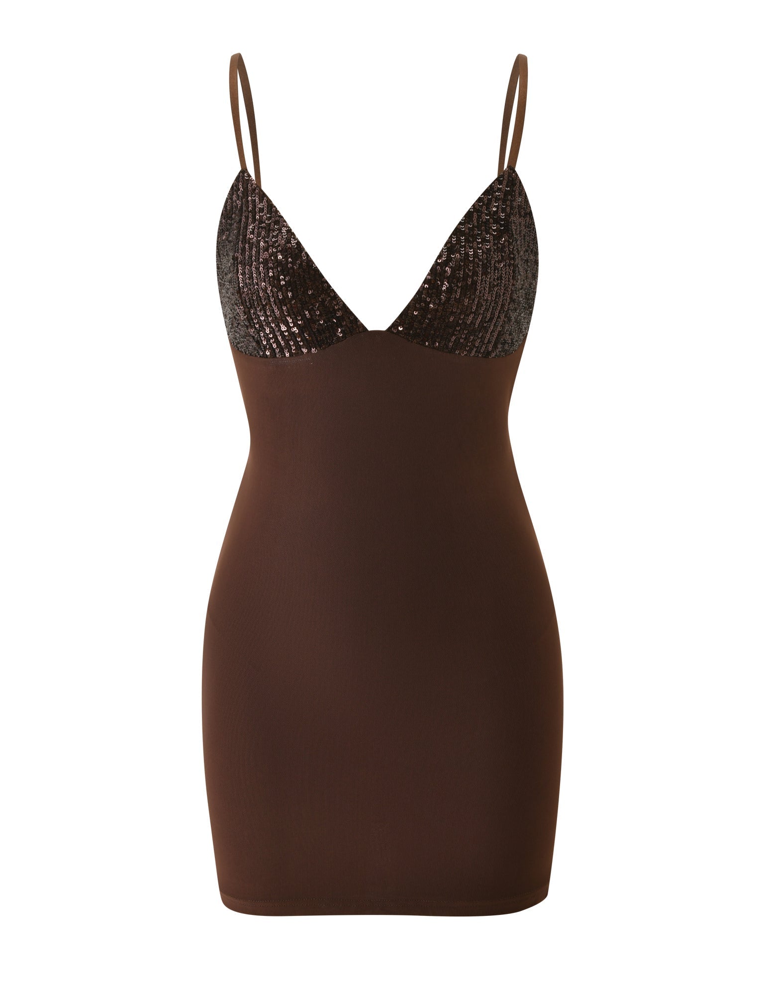 The SYLA MINI DRESS - CHOCOLATE by TIGERMIST features thin spaghetti straps, a deep V-neckline, and glittering sequin bust cups for a glamorous touch. The fitted mini skirt in solid brown beautifully contrasts the sparkly bodice, while an open back adds a flirty finish. Shown against a plain white background.