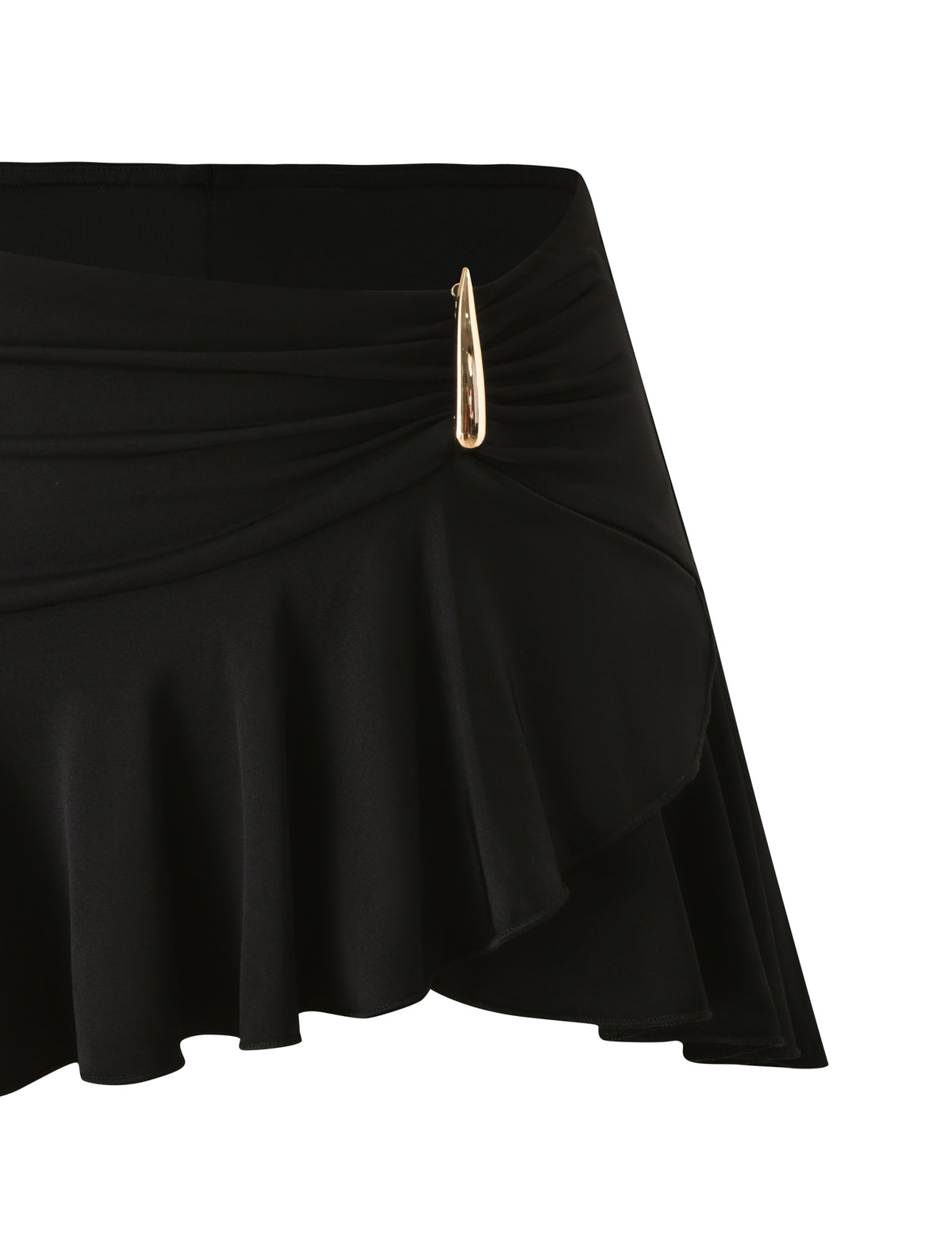 The SOLIA MINI SKIRT - BLACK by TIGERMIST features an asymmetrical mini silhouette with a ruffled hem, gathered fabric at the waist, and a gold safety pin accent on the side.