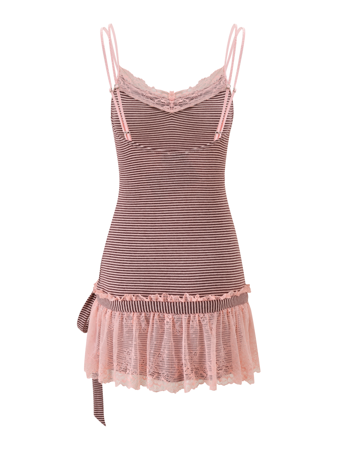 The CELIA MINI DRESS by TIGERMIST features pink and brown stripes, lace trim, adjustable straps, a waist bow, and a ruffled lace hem—a feminine piece ideal for your summer wardrobe.