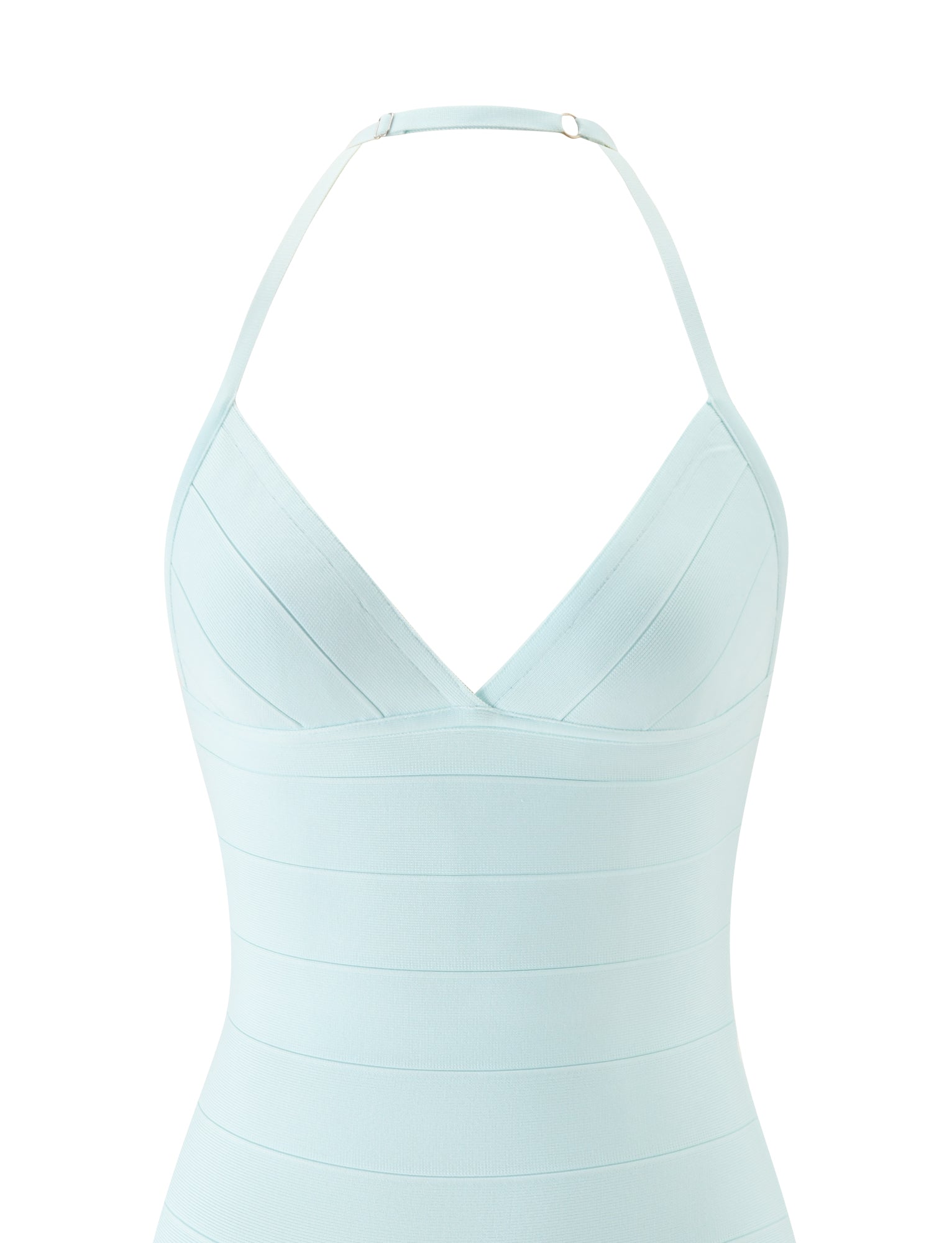 The DALIA BANDAGE MINI DRESS by TIGERMIST features a light mint blue hue, halter-neck design, V-neckline, and horizontal banded detailing. Shown on a white background, this chic mini dress is perfect for your next beach club outing.