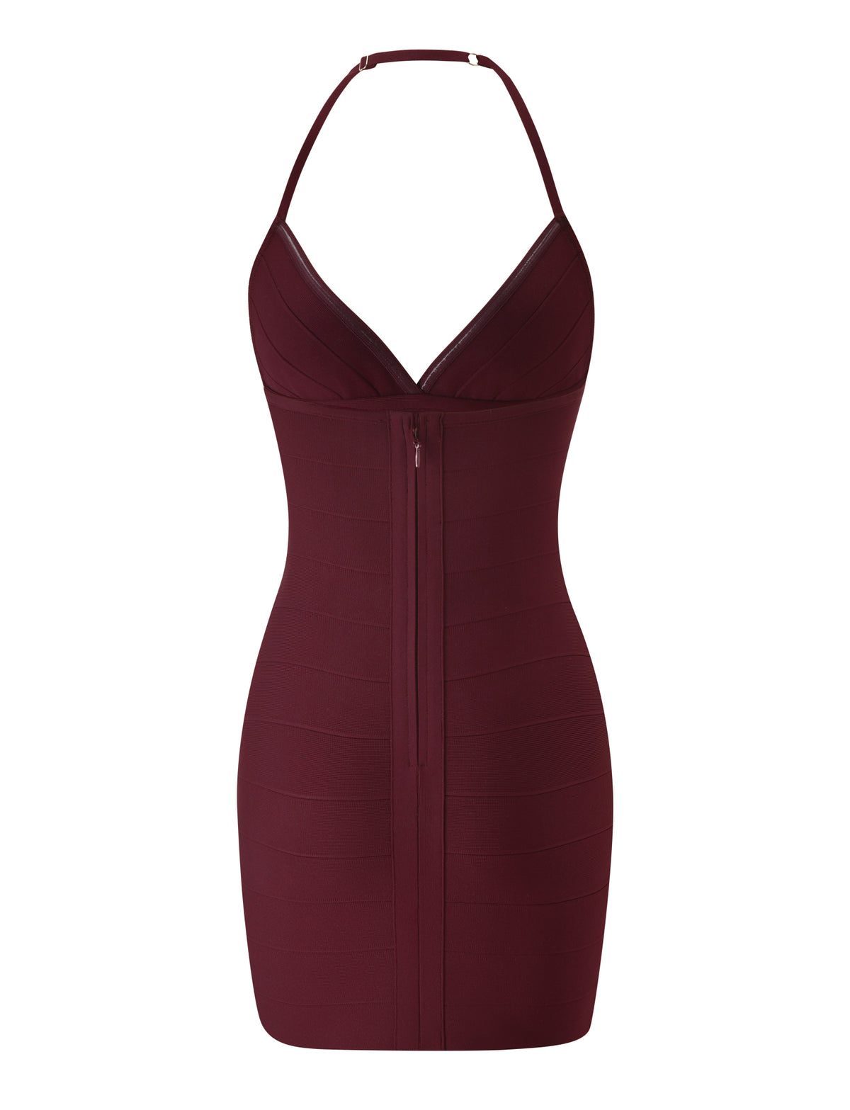 DALIA BANDAGE MINI DRESS - RAISIN dark red mini dress featuring a halter neckline and a center front zipper.
