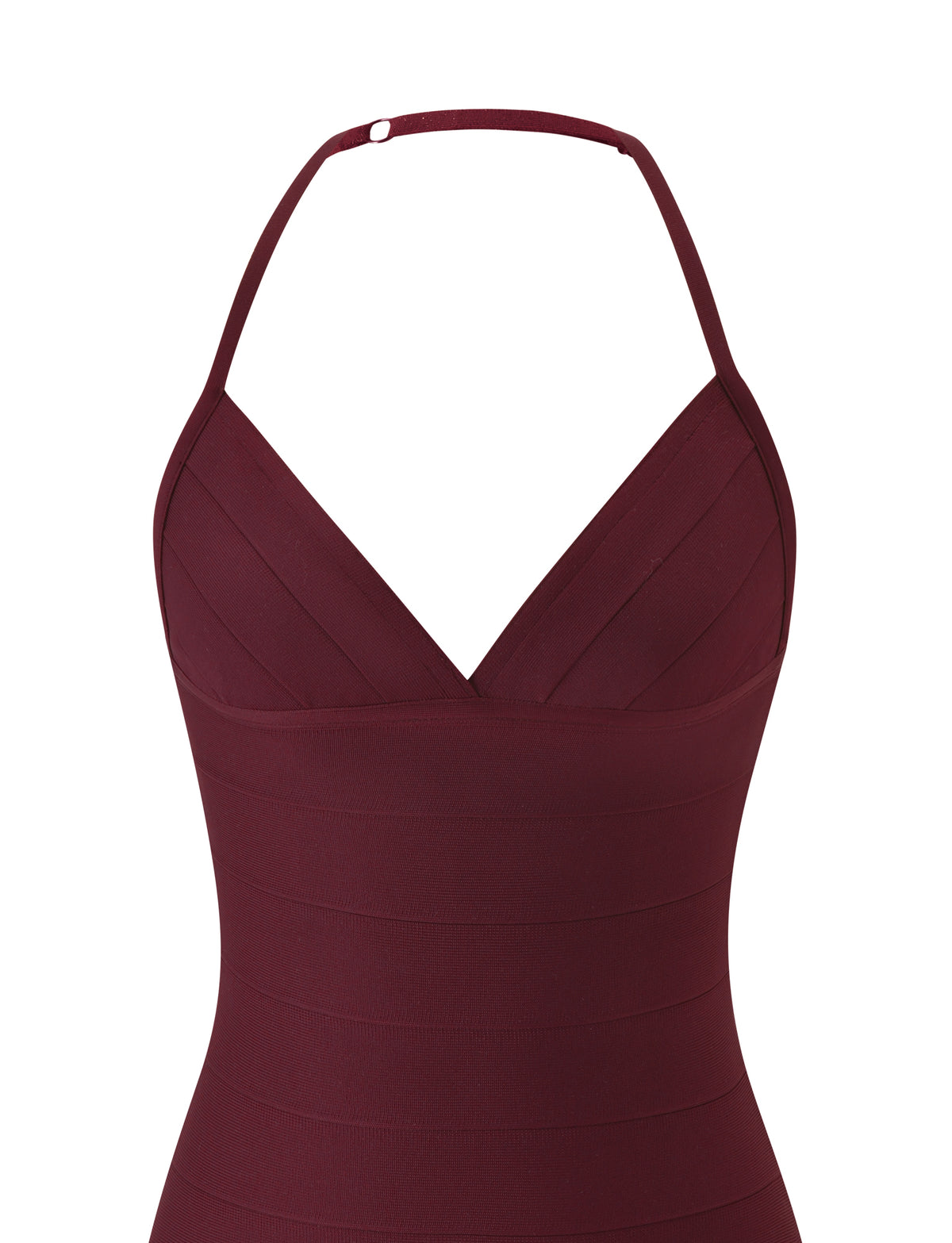 DALIA BANDAGE MINI DRESS - RAISIN: Deep red bodycon bandage mini dress with a V-neckline and halter neck strap.