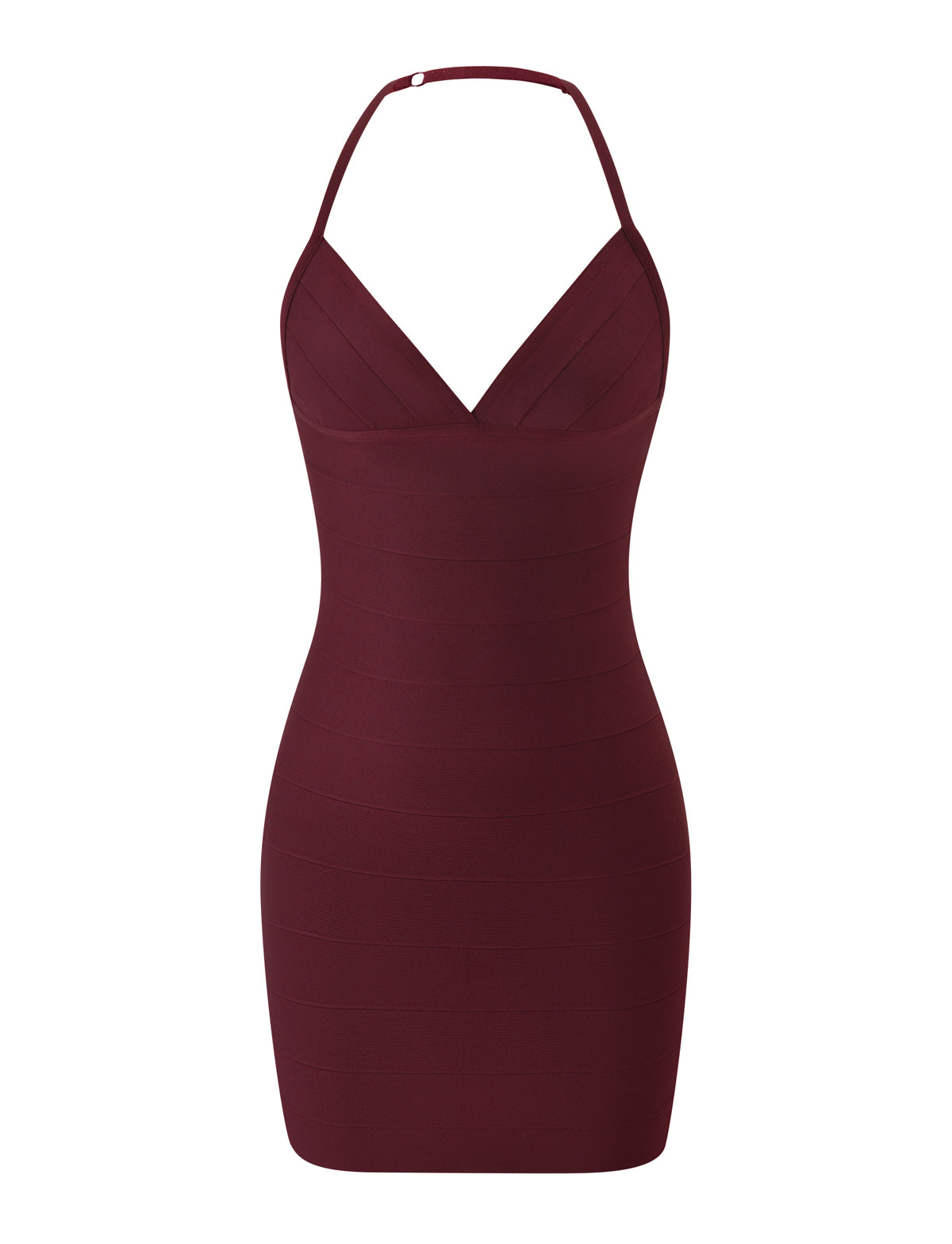 DALIA BANDAGE MINI DRESS - RAISIN: dark red bandage mini dress featuring a V-neckline, halter straps, and a bodycon silhouette.