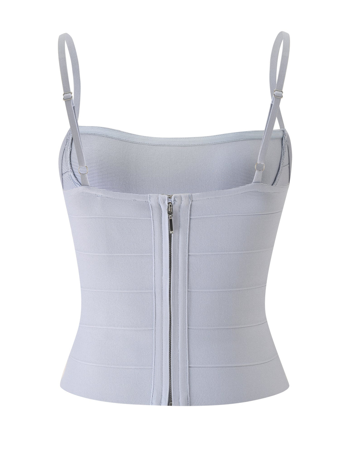 The TAHNIA BANDAGE TOP by TIGERMIST in dove grey features a sleeveless, corset-style silhouette with adjustable spaghetti straps and a visible back zipper, displayed on a white background.