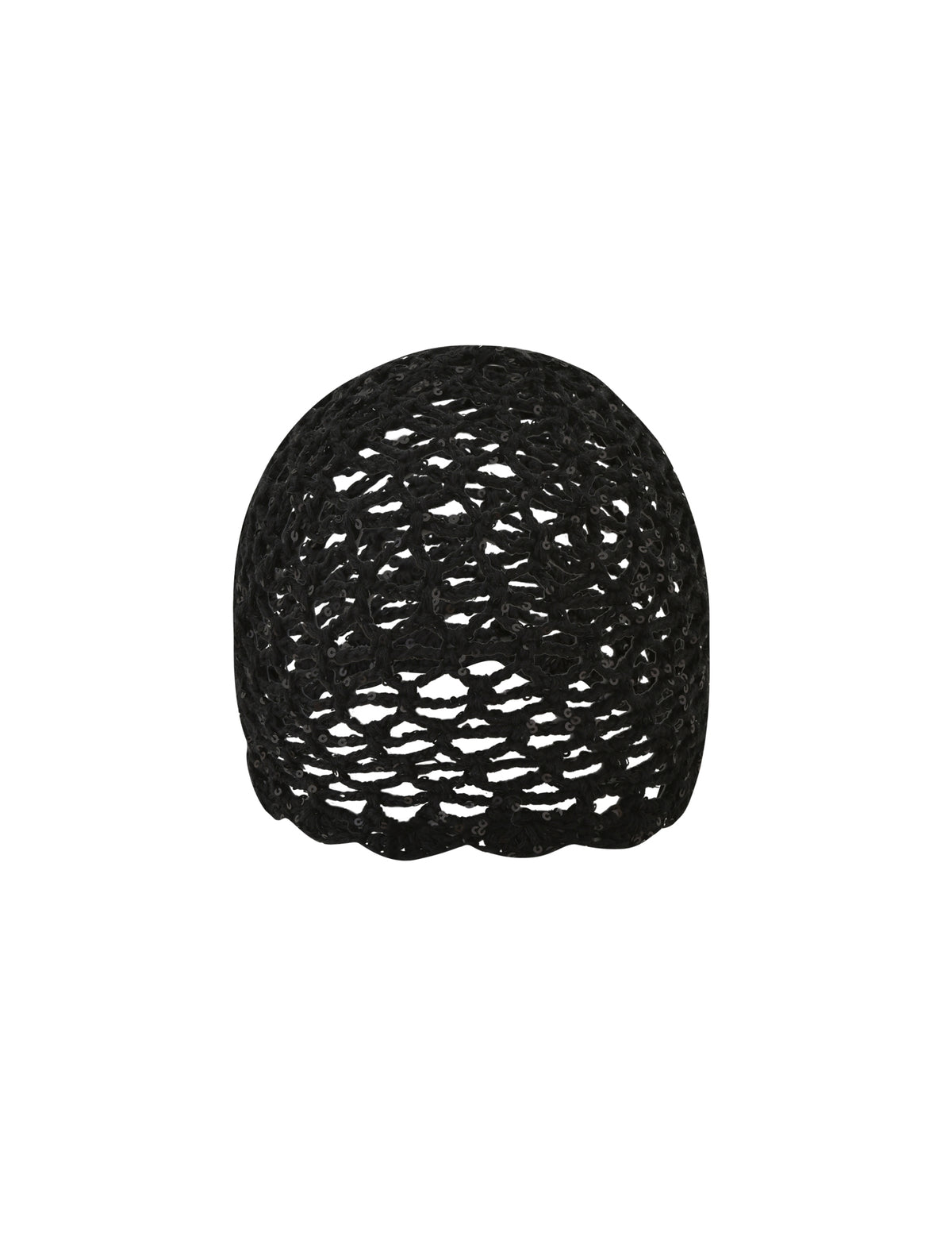 The STEVIE CROCHET CAP - BLACK by TIGERMIST is a sheer, black skullcap featuring an open, lacy crocheted pattern—making it a standout festival accessory, as shown against a plain white background.