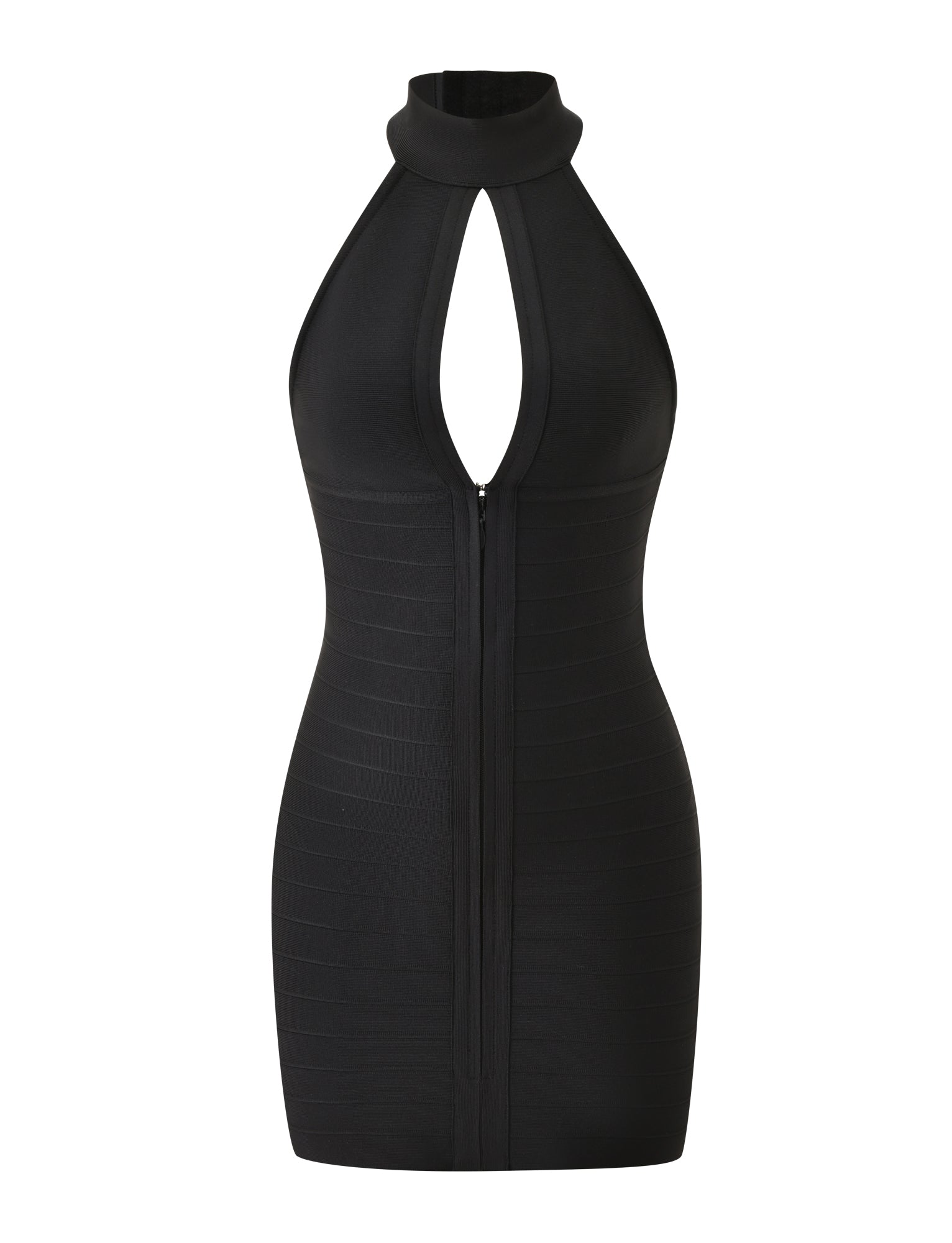 The CARINA BANDAGE MINI DRESS - BLACK by TIGERMIST is a sleeveless, black mini dress designed with a halter neckline and a front keyhole cutout. This little black dress showcases a fitted silhouette and vertical seam detailing, delivering an effortlessly chic look.