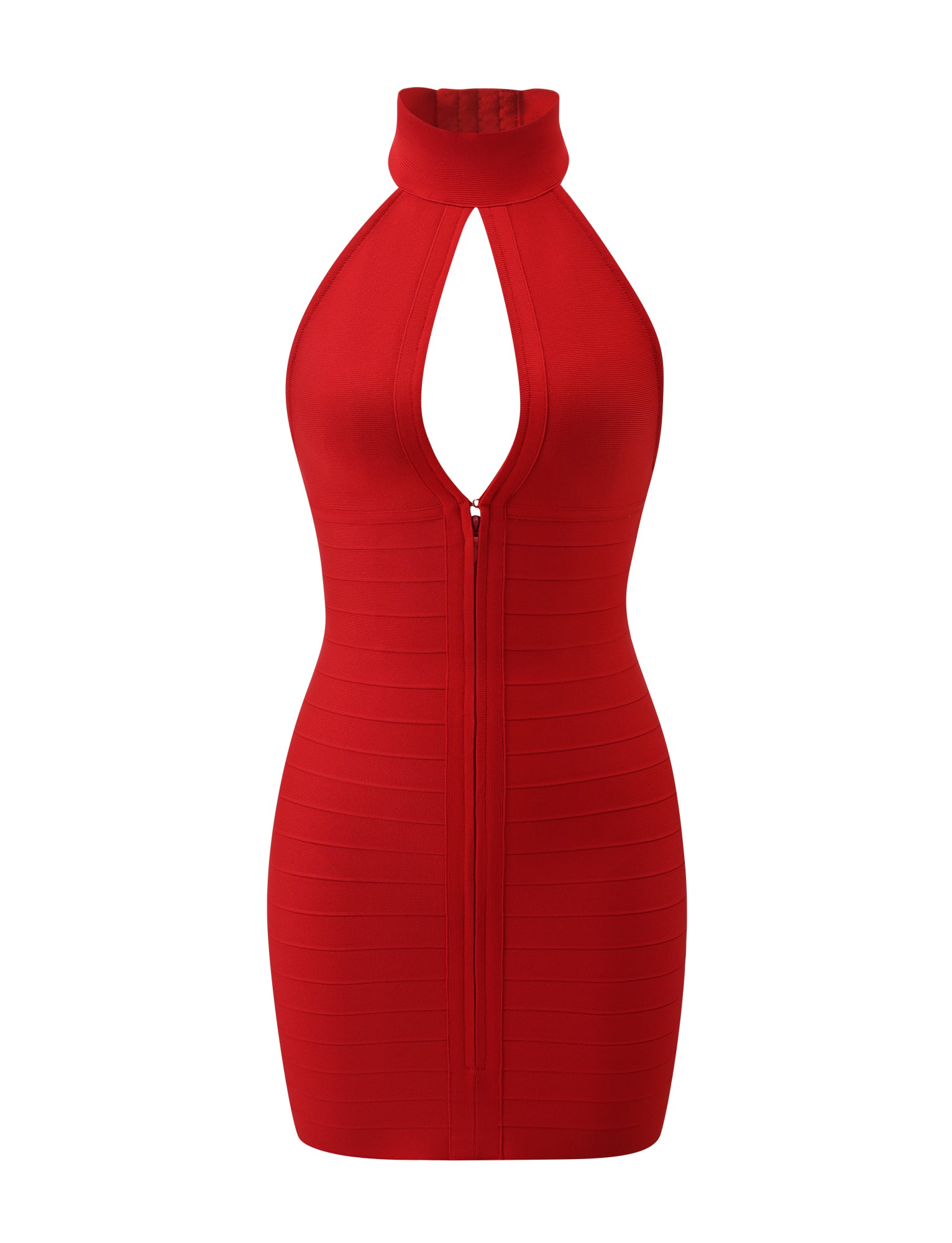 The CARINA BANDAGE MINI DRESS by TIGERMIST is a sleeveless, form-fitting red mini dress with a high neck and chest keyhole cutout, featuring a visible front zipper down the center—perfect as a statement bodycon date night look.