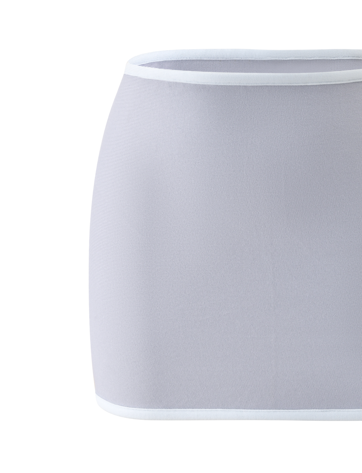 The BRIGIT BANDAGE MINI SKIRT by TIGERMIST is a short, dove grey bodycon mini skirt featuring white trim along the waistband and hem, displayed on a plain white background.