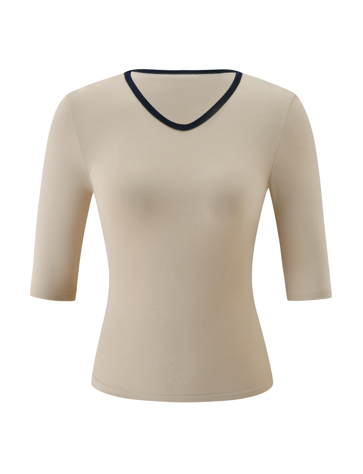 The SHANICE TOP - SAND by TIGERMIST is a beige, short-sleeve fitted top featuring a bodycon fit and a black trim outlining its v-shaped neckline, shown against a plain white background.