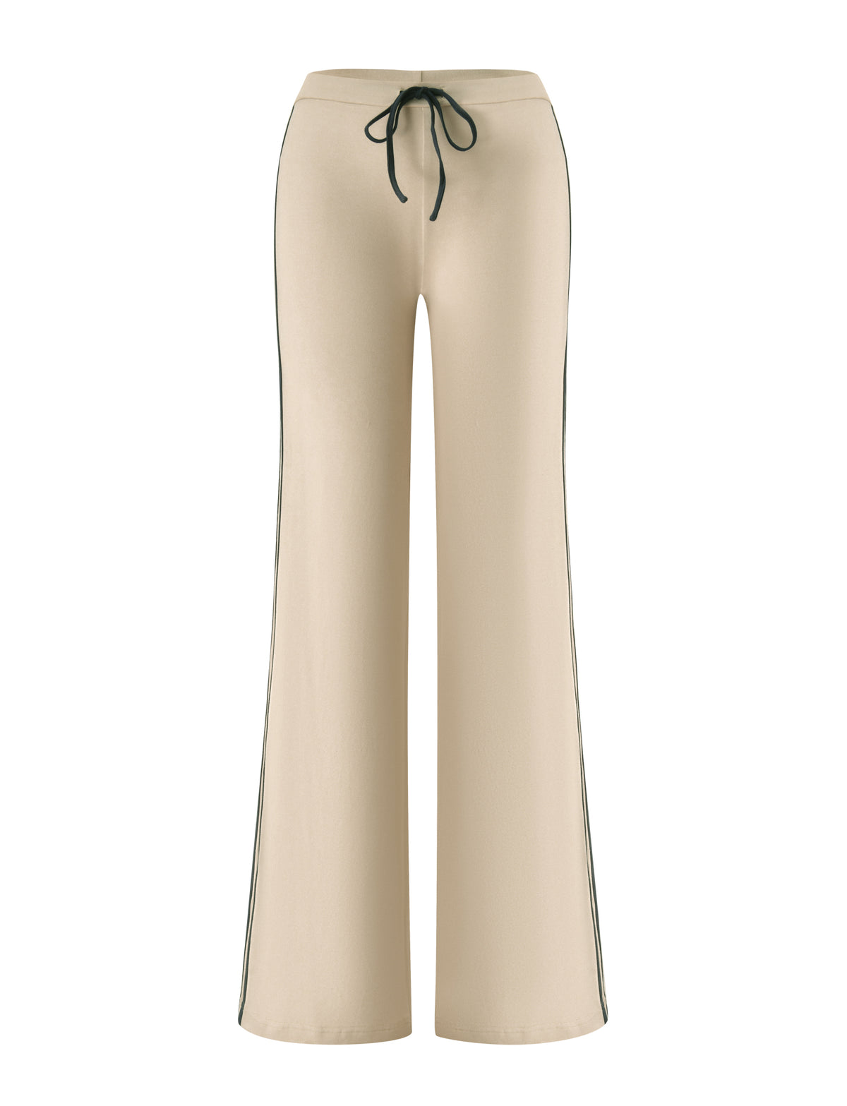 Introducing the SHANICE LOUNGE PANT - SAND by TIGERMIST: a beige, wide-leg athletic lounge pant with a low-rise fit, drawstring waist, and contrasting dark side stripes, crafted from stretch jersey fabric and displayed against a white background.