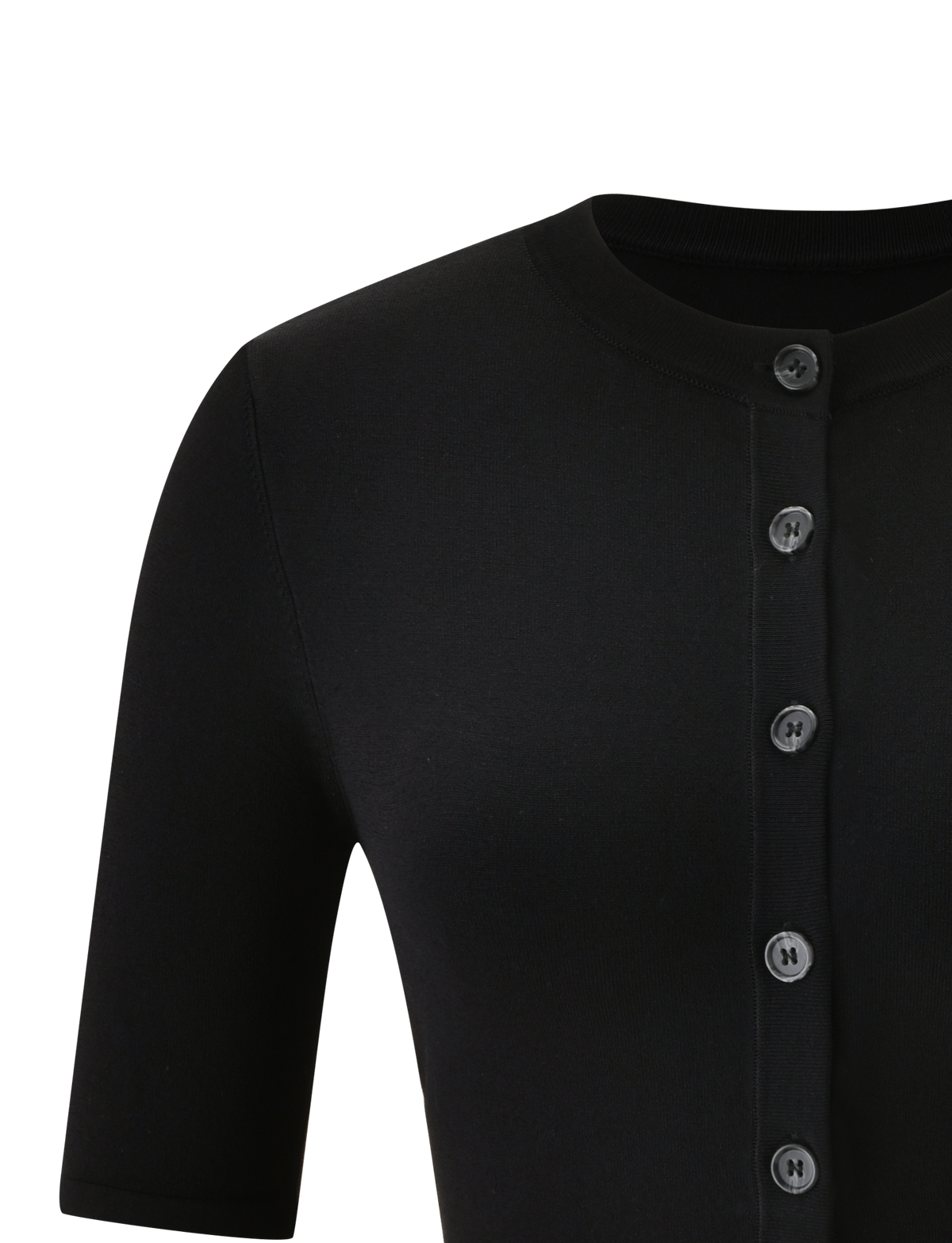 Close-up of the TIGERMIST ELSIE CARDIGAN in black, a cropped cardigan with short sleeves and a round neckline, detailed with faux shell buttons down the front. Crafted from a super soft knit and displayed against a plain white background.