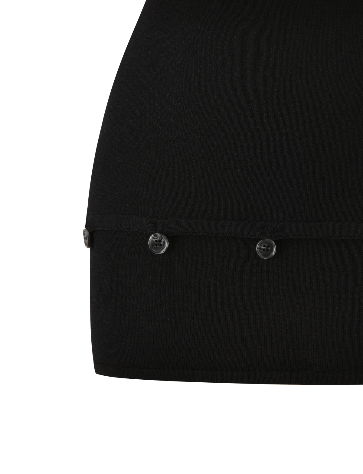 Close-up of the lower part of the TIGERMIST ELSIE MINI SKIRT in black, featuring a horizontal seam decorated with four evenly spaced black buttons, set against a plain white background.