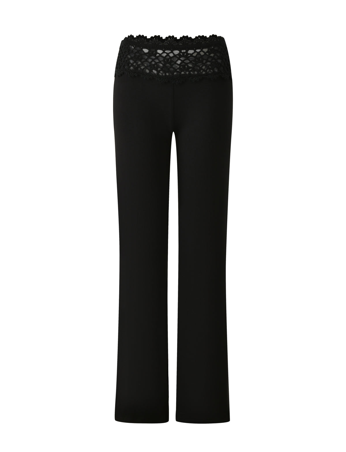 The SASHA CROCHET PANT - BLACK by TIGERMIST features a festival-inspired, wide-leg silhouette with a crochet waistband detail. Shown from the back against a white background.