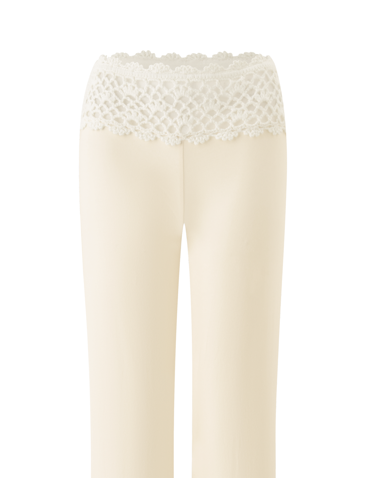 The SASHA CROCHET PANT in cream by TIGERMIST features a wide, decorative crochet waistband and a flattering flared leg silhouette, showcased against a plain white background.