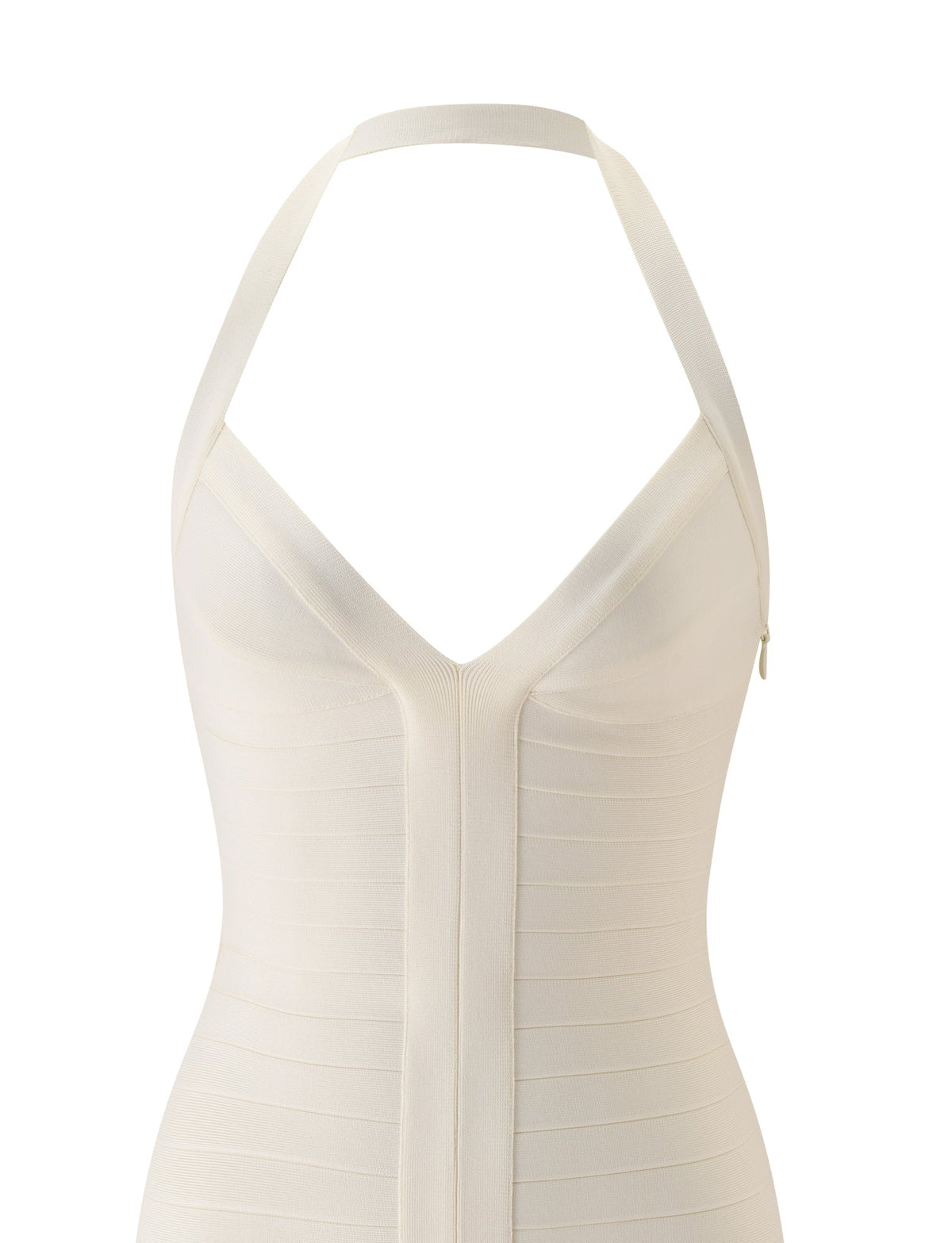 A close-up of the TIGERMIST SYDEL BANDAGE MINI DRESS in cream, a sleeveless, form-fitting halter style dress with a deep V-neckline and vertical seam detailing—ideal for a chic bridal brunch.