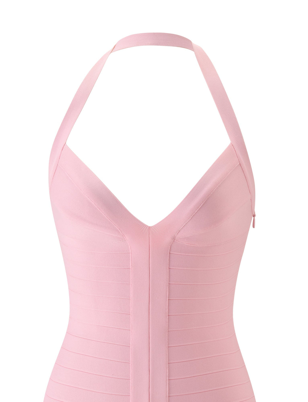 The SYDEL BANDAGE MINI DRESS in Pink Peony by TIGERMIST is a light pink mini dress featuring a halter strap, deep V-neckline, and structured seams, displayed from the front against a white background.