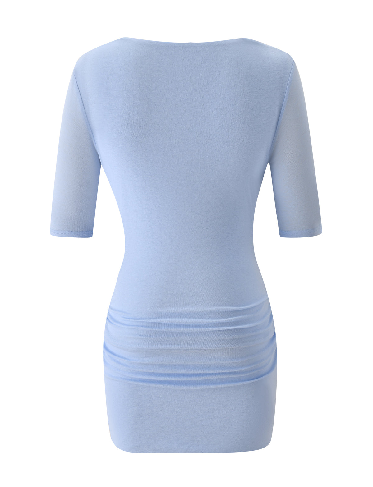 Back view of the MADELYN MINI DRESS - POWDER BLUE, a powder blue mini dress with elbow-length sleeves and ruched knit fabric detail at the hips.