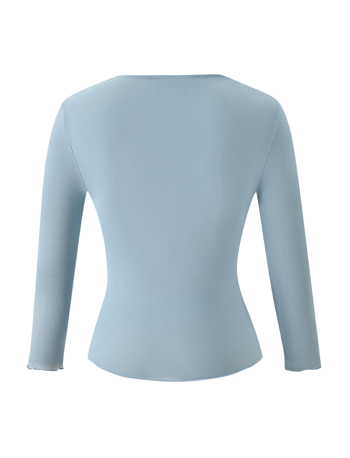 Back view of the ELLIOT TOP - DUSTY BLUE, a dusty blue three-quarter sleeve top with a crew neckline.
