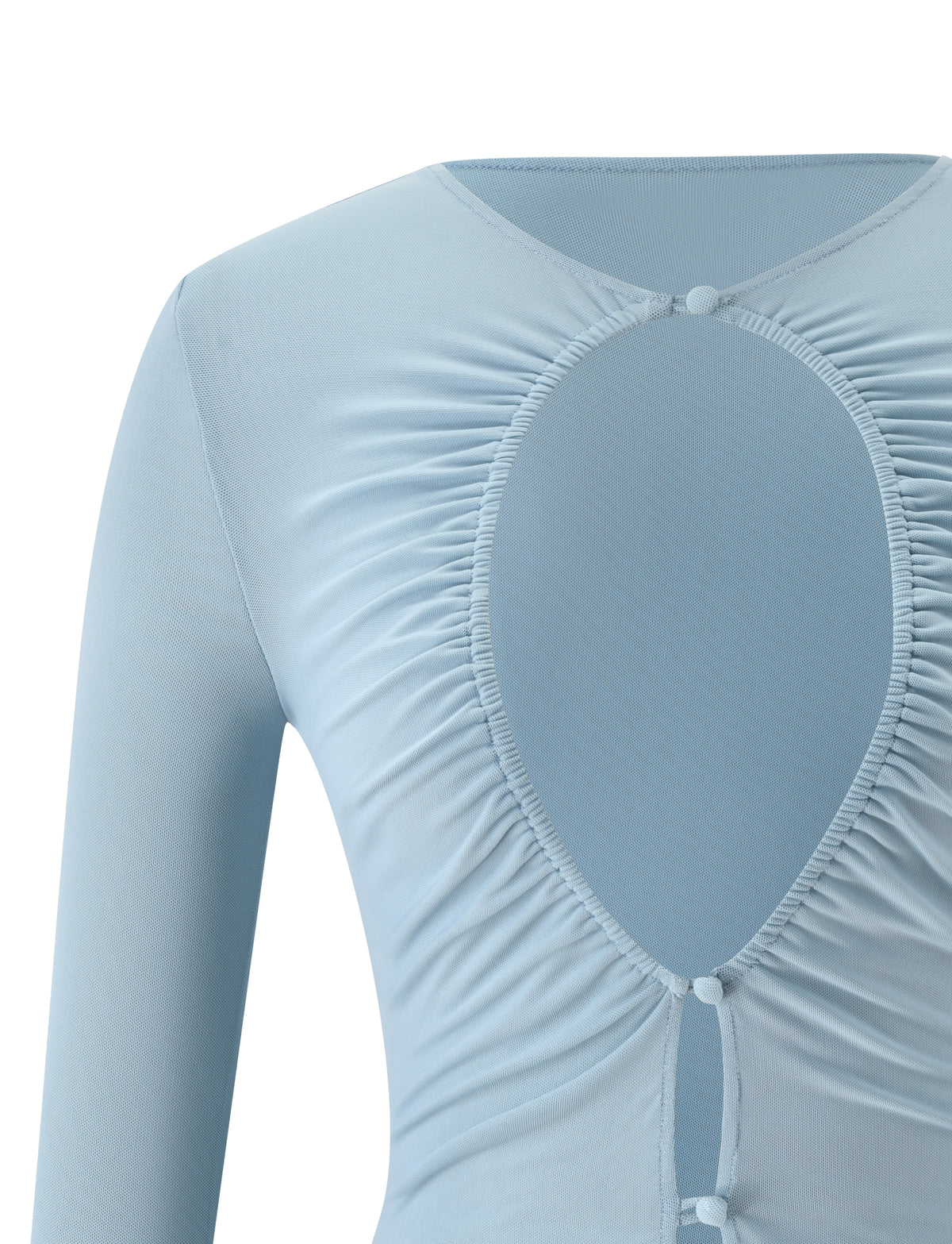 Dusty blue ELLIOT TOP - DUSTY BLUE mesh top with three-quarter sleeves, featuring a large, ruched front keyhole at the chest with button closures at the top and bottom.