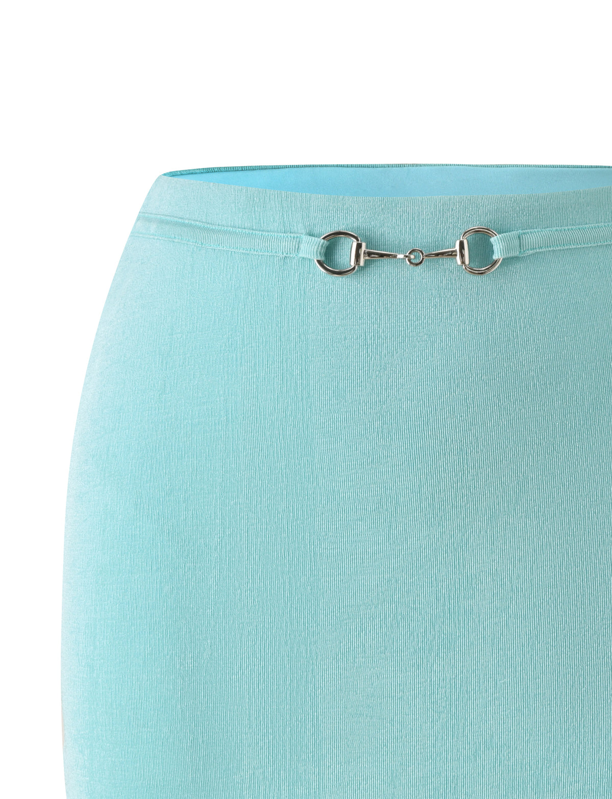 RAE MINI SKIRT - AQUA in a sparkle knit fabric, featuring a silver horsebit detail at the waistband.