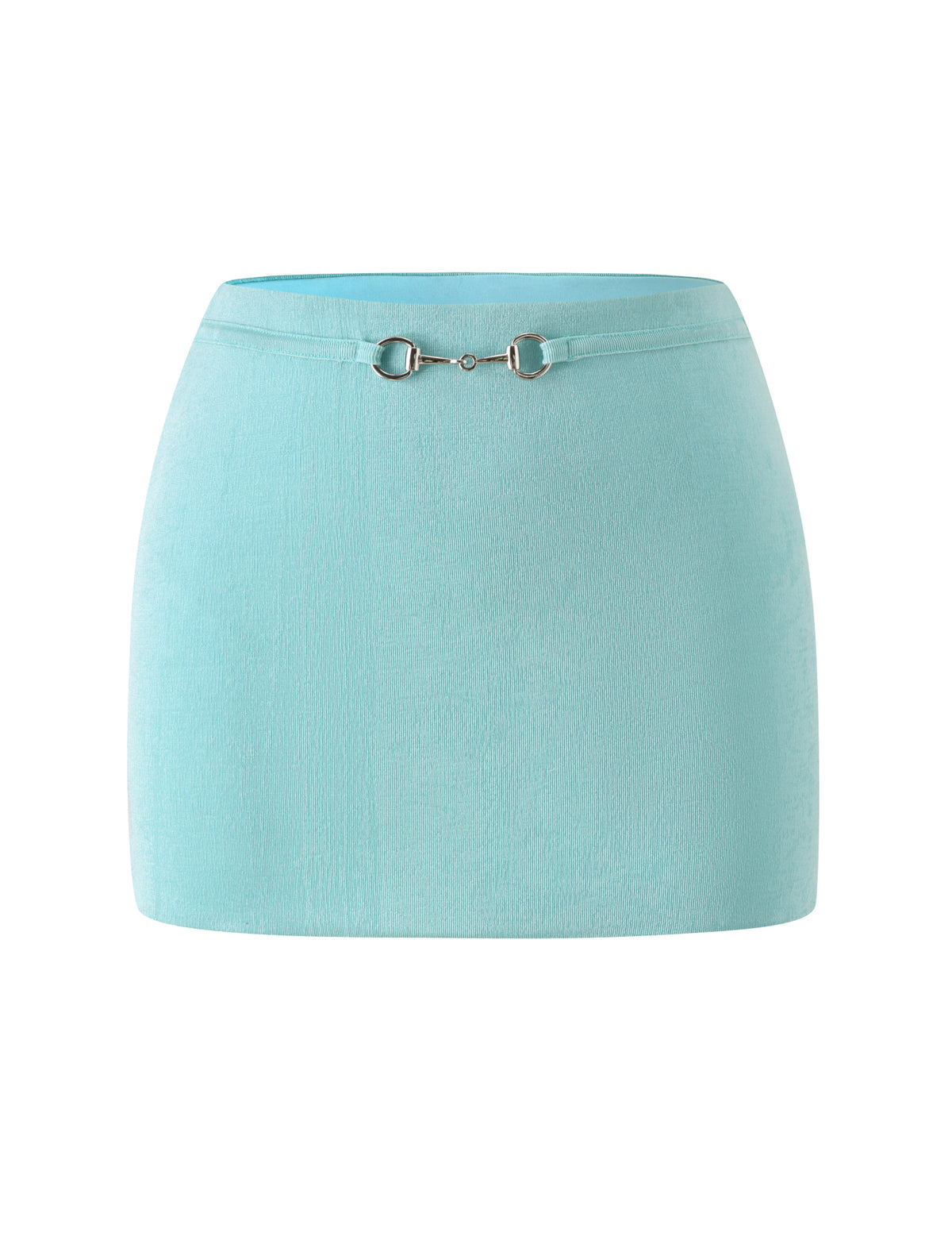 RAE MINI SKIRT - AQUA in sparkle knit fabric featuring a silver-tone metal bit detail at the waist.