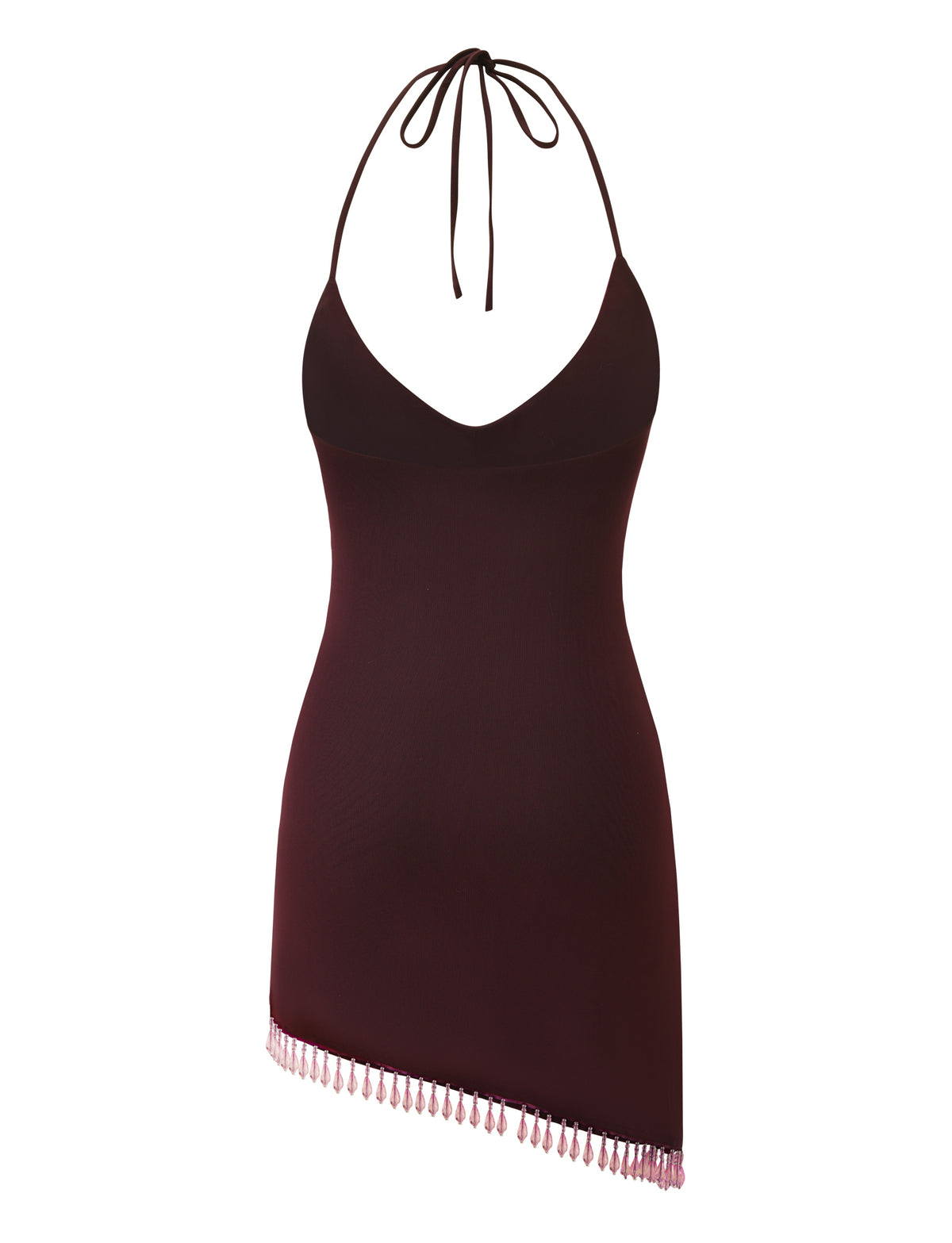 NELLIE MINI DRESS - CHOCOLATE: a dark brown halter bodycon mini dress with an asymmetrical hemline accented by festive pink beaded fringe.