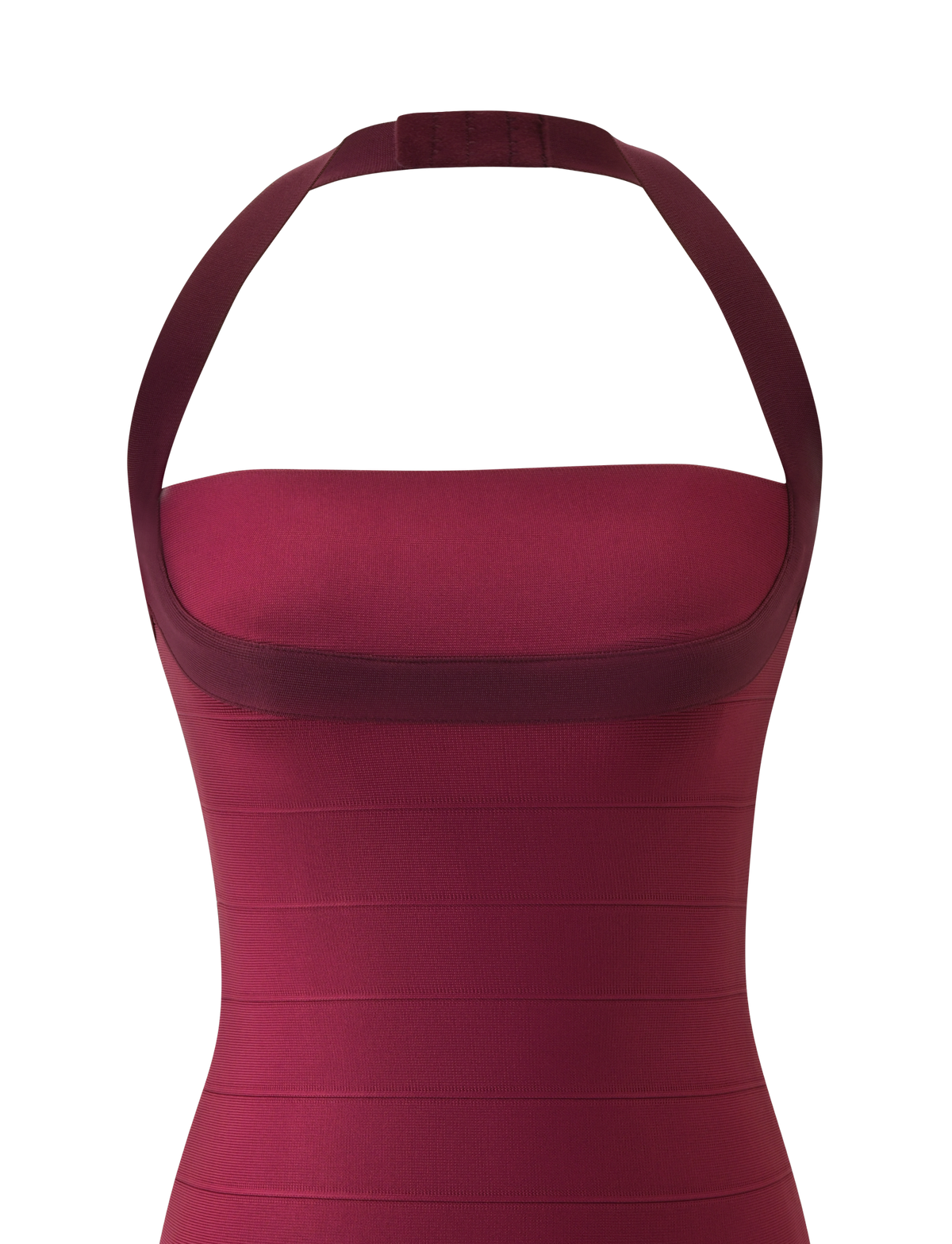 A close-up of the ELEANOR BANDAGE MINI DRESS in Cabernet by TIGERMIST, featuring a sleeveless halter neck design with a square neckline and bodycon fit, set against a plain white background.