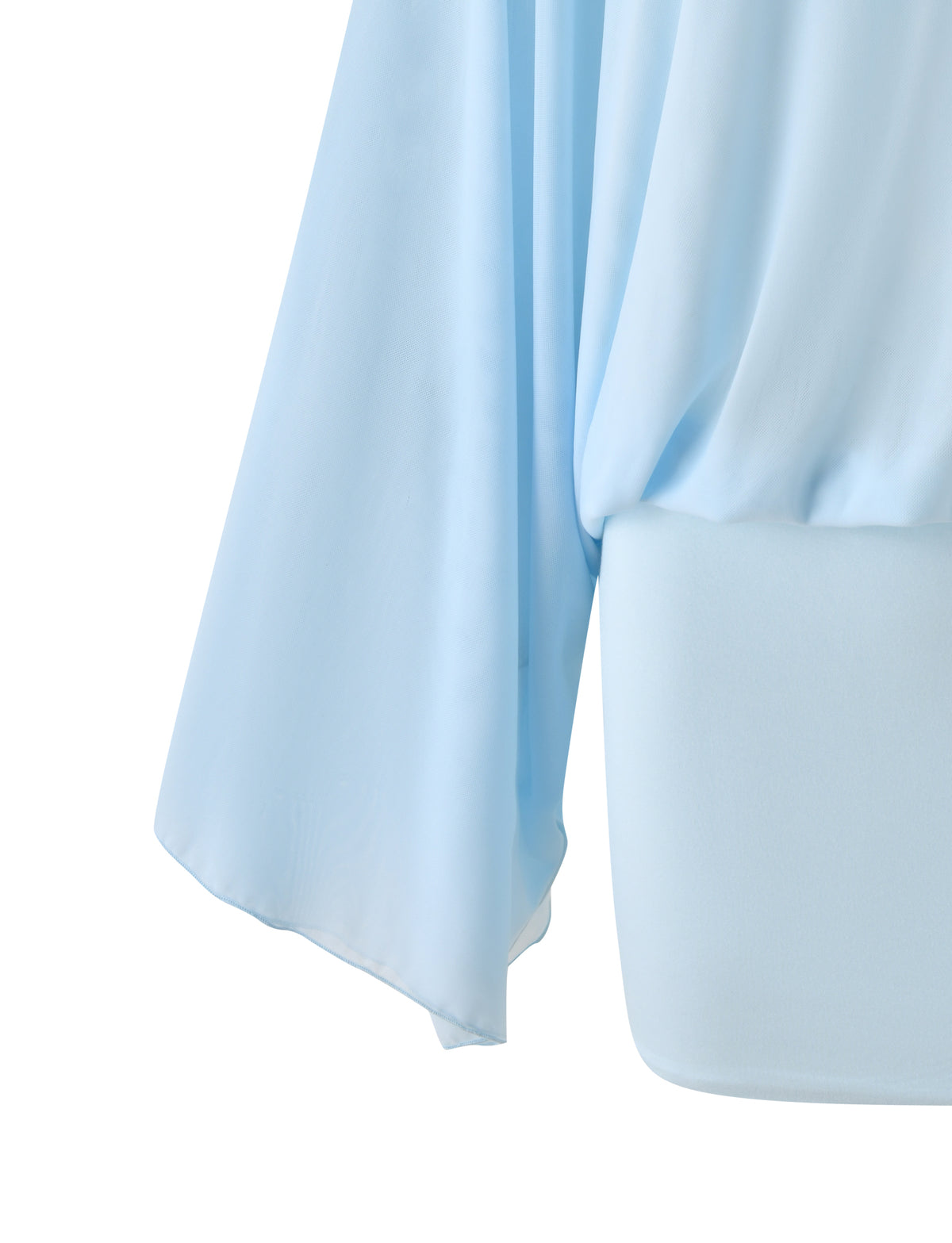 The TIGERMIST CAMILLE MINI DRESS - BLUE is a light blue mesh mini dress with a draped, sheer cape sleeve.