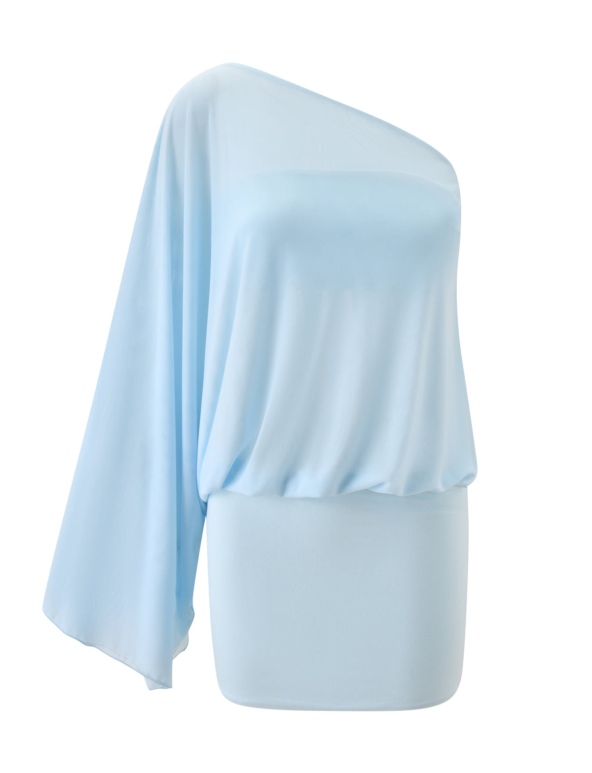 Light blue CAMILLE MINI DRESS - BLUE featuring an off-the-shoulder neckline with draped, loose sleeves.