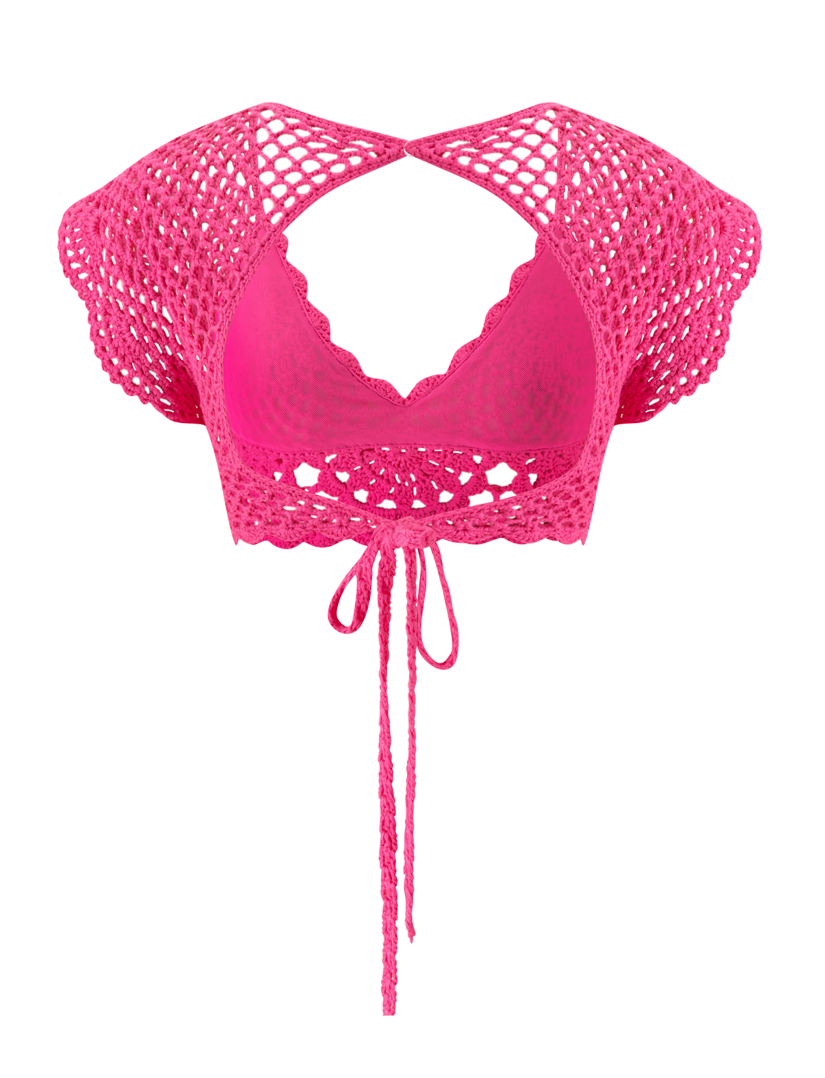 The SASHA CROCHET CROP TOP - HOT PINK by TIGERMIST features short sleeves, a scalloped edge, front tie closure, and open-knit pattern—a bold choice for festivals.