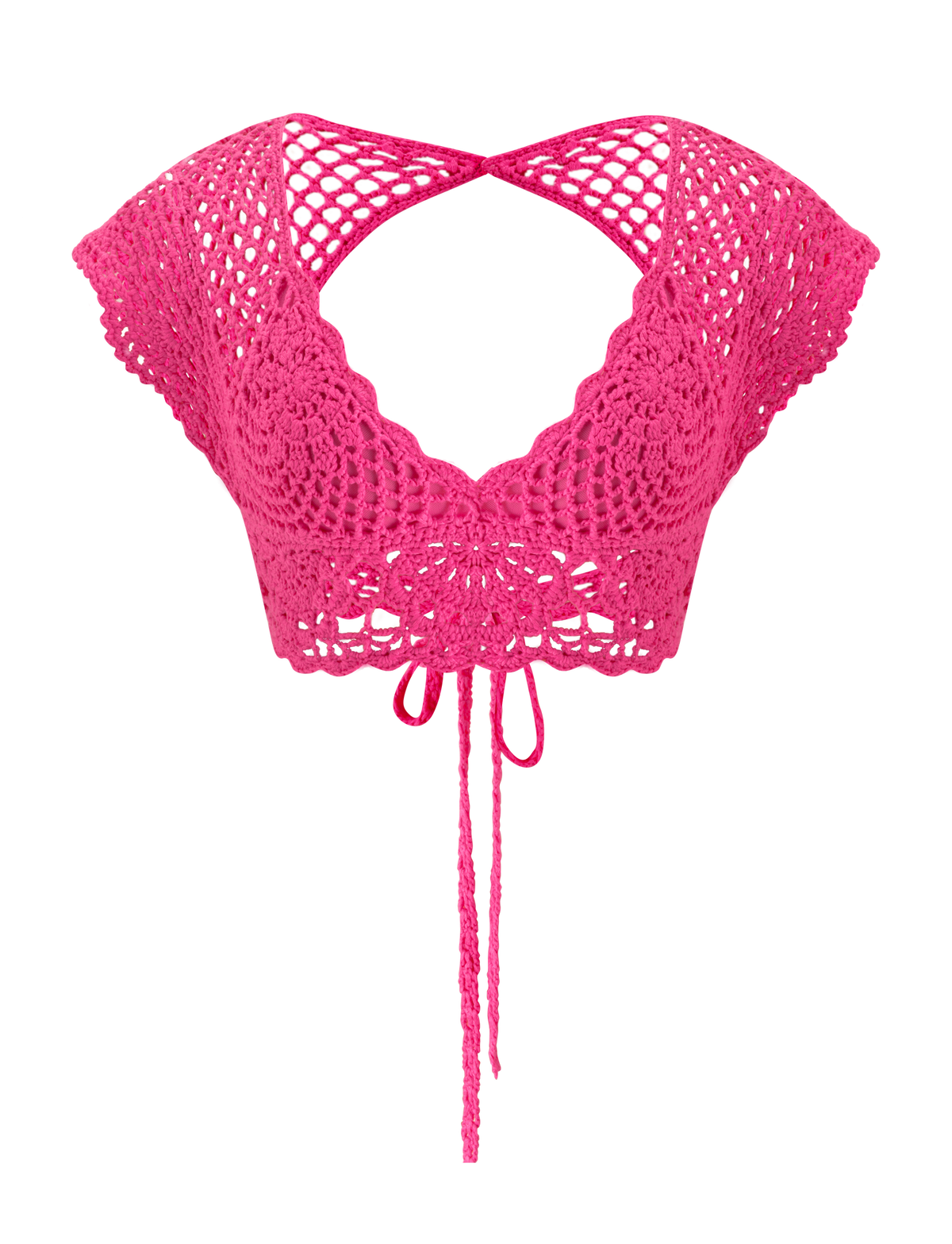 The SASHA CROCHET CROP TOP - HOT PINK by TIGERMIST features intricate openwork, scalloped edges, and a front tie—perfect as a bold festival standout.