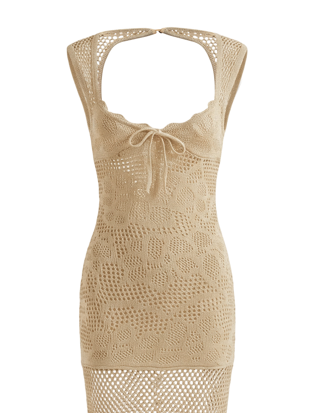 SASHA CROCHET MAXI DRESS - GOLD: Beige crochet knit dress featuring a scalloped neckline and a center front tie.