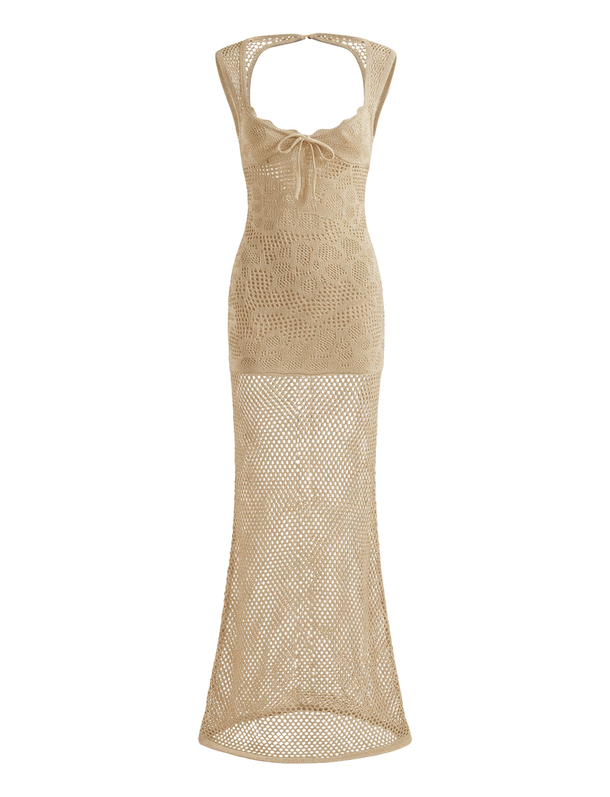 TigerMist SASHA CROCHET MAXI DRESS - GOLD: a beige sleeveless maxi dress featuring a gold crochet bodice with a drawstring tie and a sheer open-knit floor-length skirt.