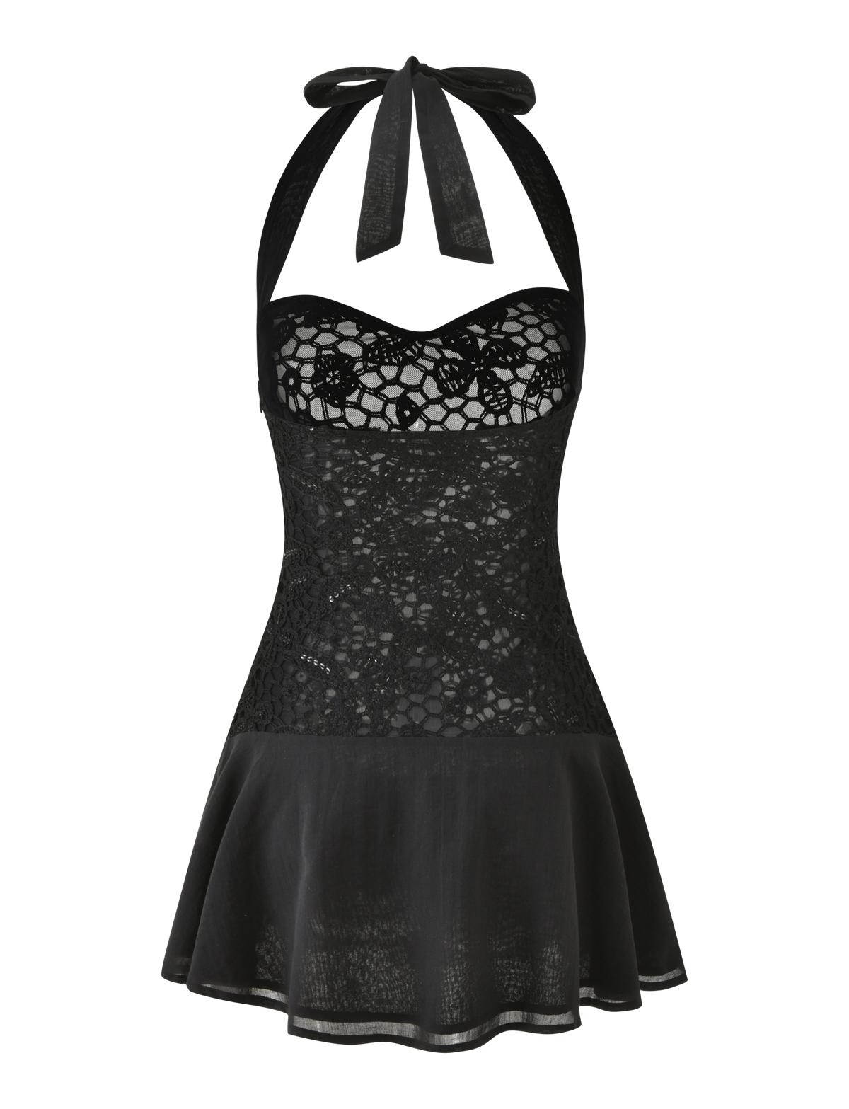 Tiger Mist Elouise Mini Dress in black crochet, ghost mannequin back view