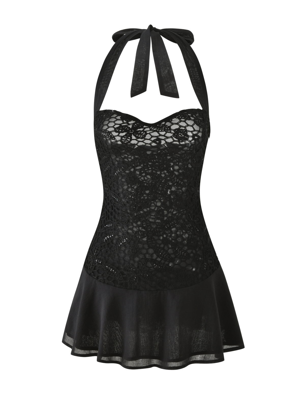 Tiger Mist Elouise Mini Dress in black crochet, ghost mannequin front view