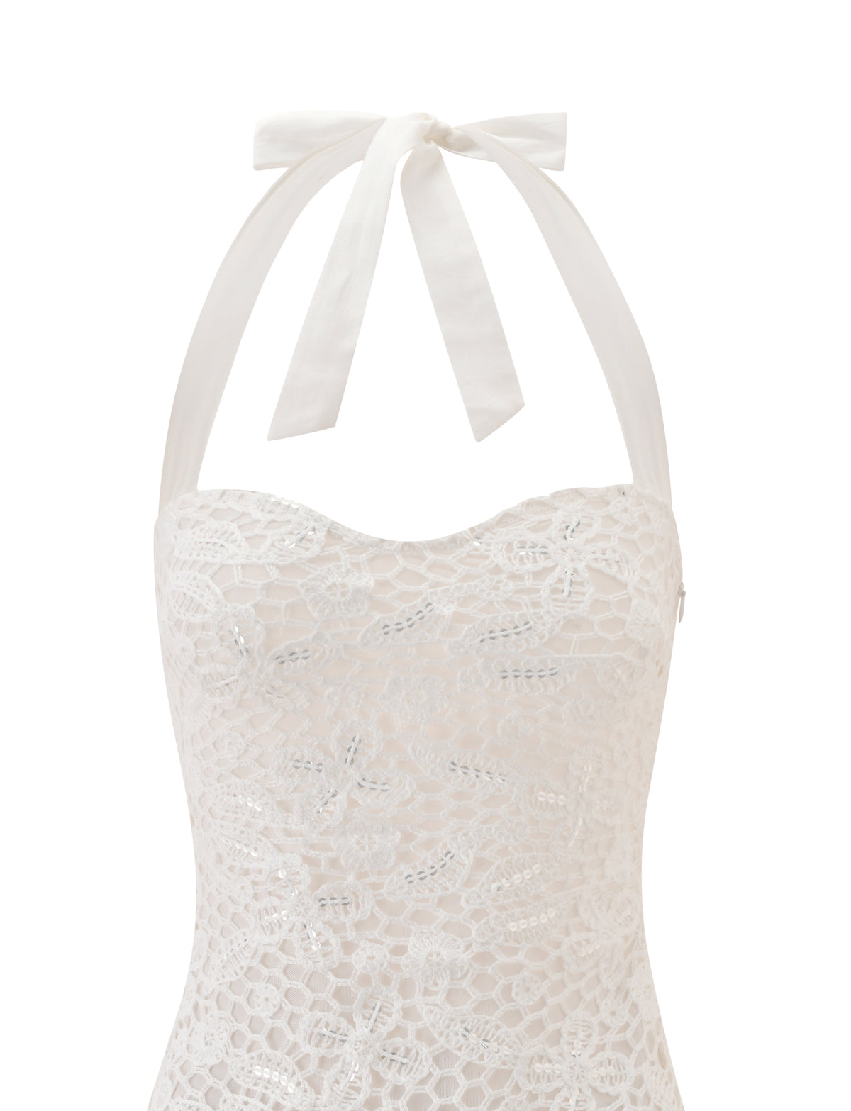 ELOUISE MINI DRESS - CREAM, a crochet mini dress with a lace overlay, a sweetheart neckline, and halter straps that tie at the neck.