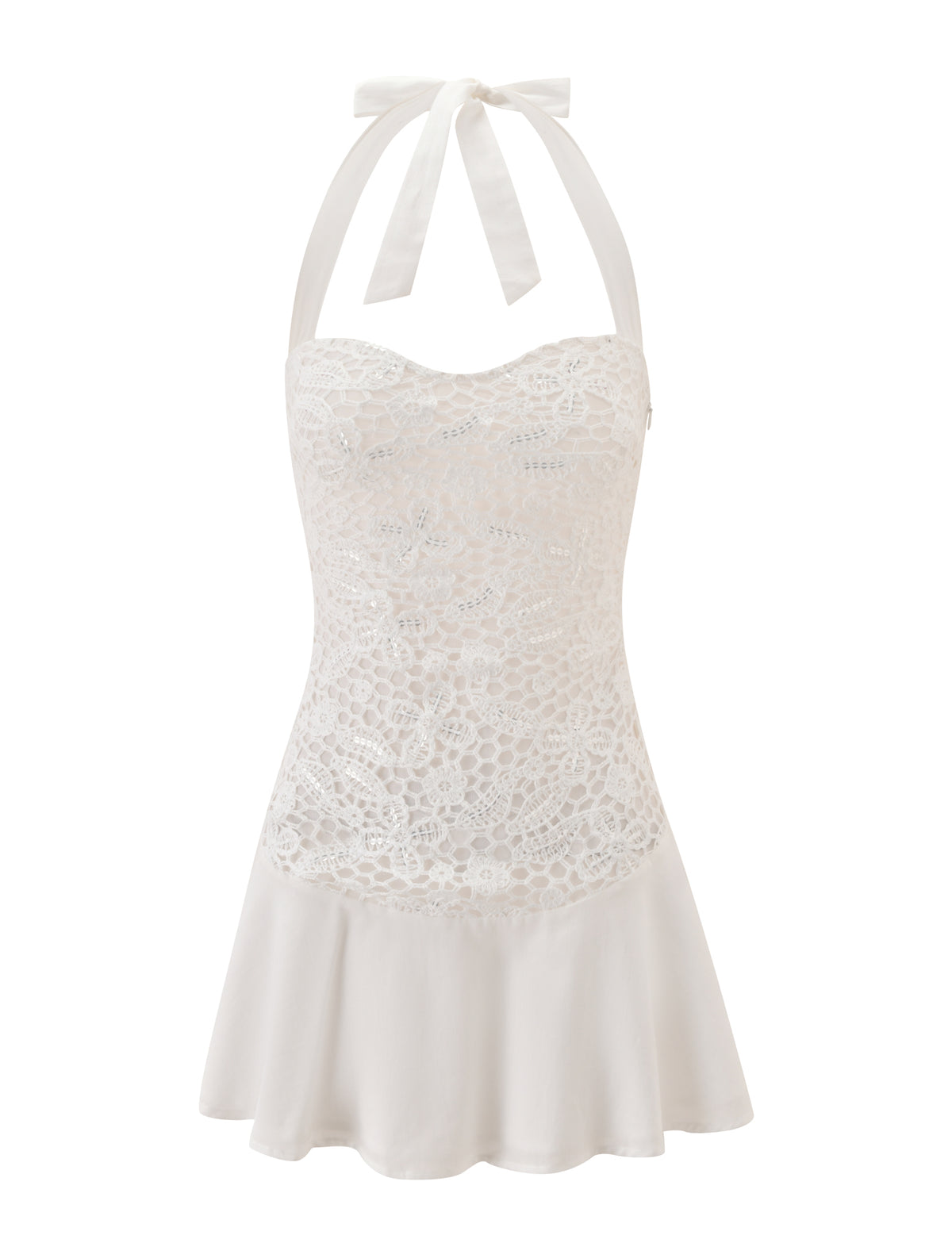ELOUISE MINI DRESS - CREAM, a crochet mini dress featuring a lace bodice, halter neckline, and a flared skirt.