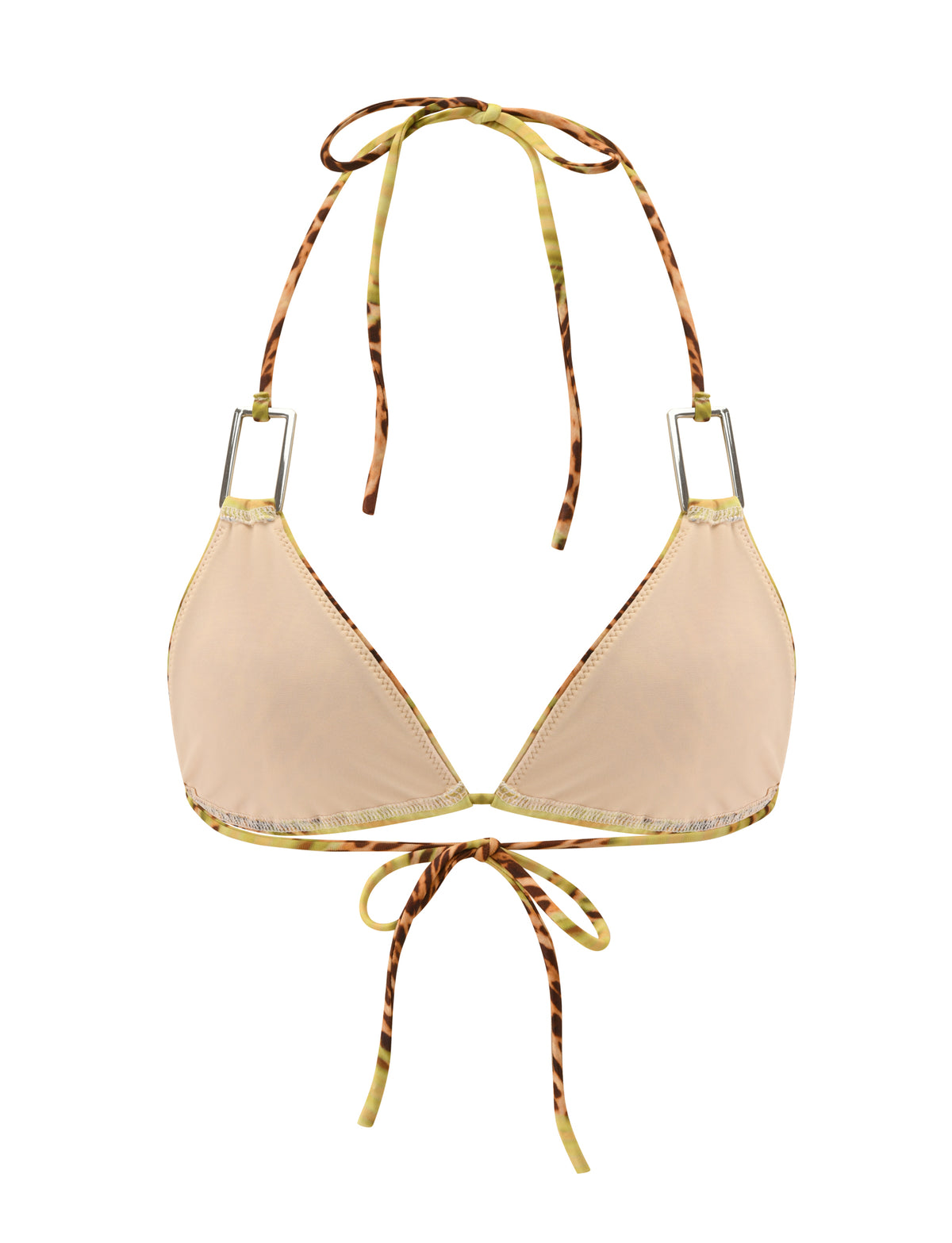 SCOTTIE BIKINI TOP - ELECTRIC LEOPARD beige triangle bikini top with leopard print straps, silver-tone rectangular metal hardware, and adjustable tie closures.
