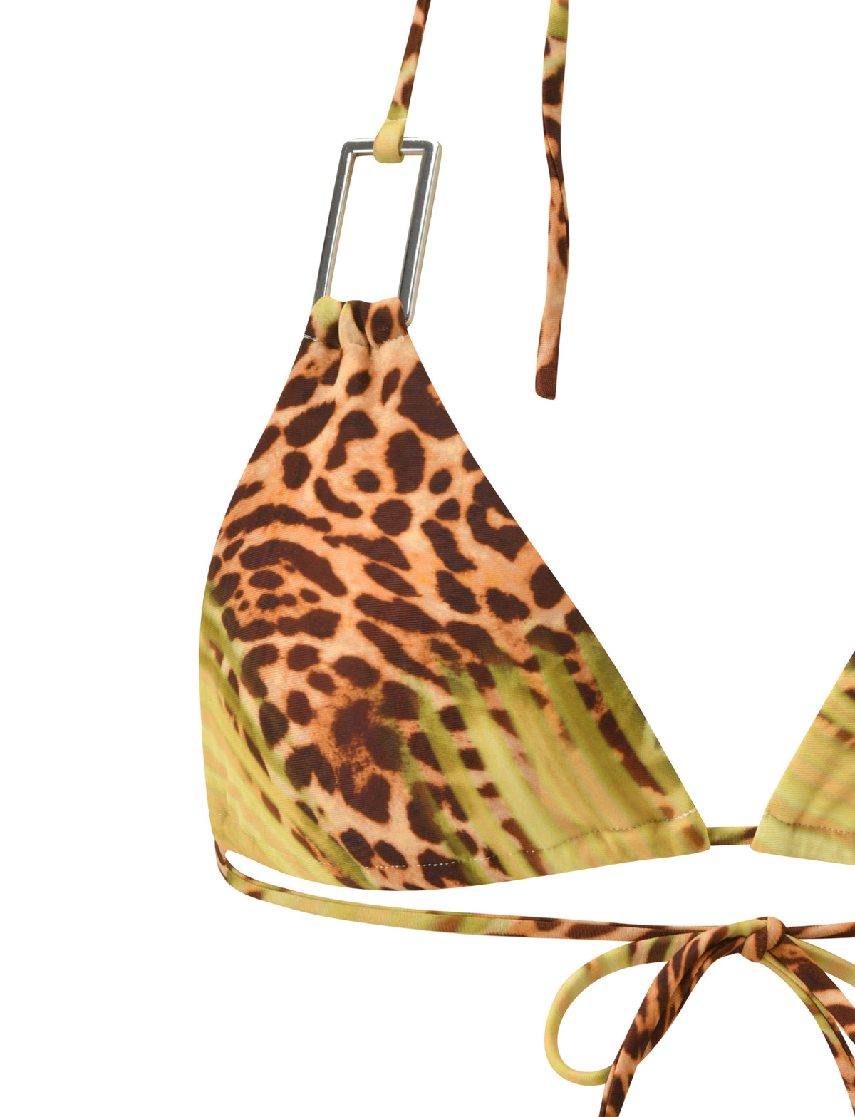 SCOTTIE BIKINI TOP - ELECTRIC LEOPARD triangle bikini top in a leopard and green palm print featuring a rectangular silver metal ring at the strap.