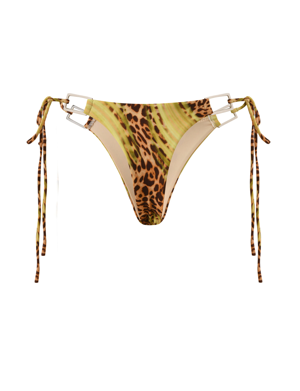 SCOTTIE BIKINI BOTTOM - ELECTRIC LEOPARD in a cheeky cut with adjustable side ties and rectangular silver-tone hardware accents.