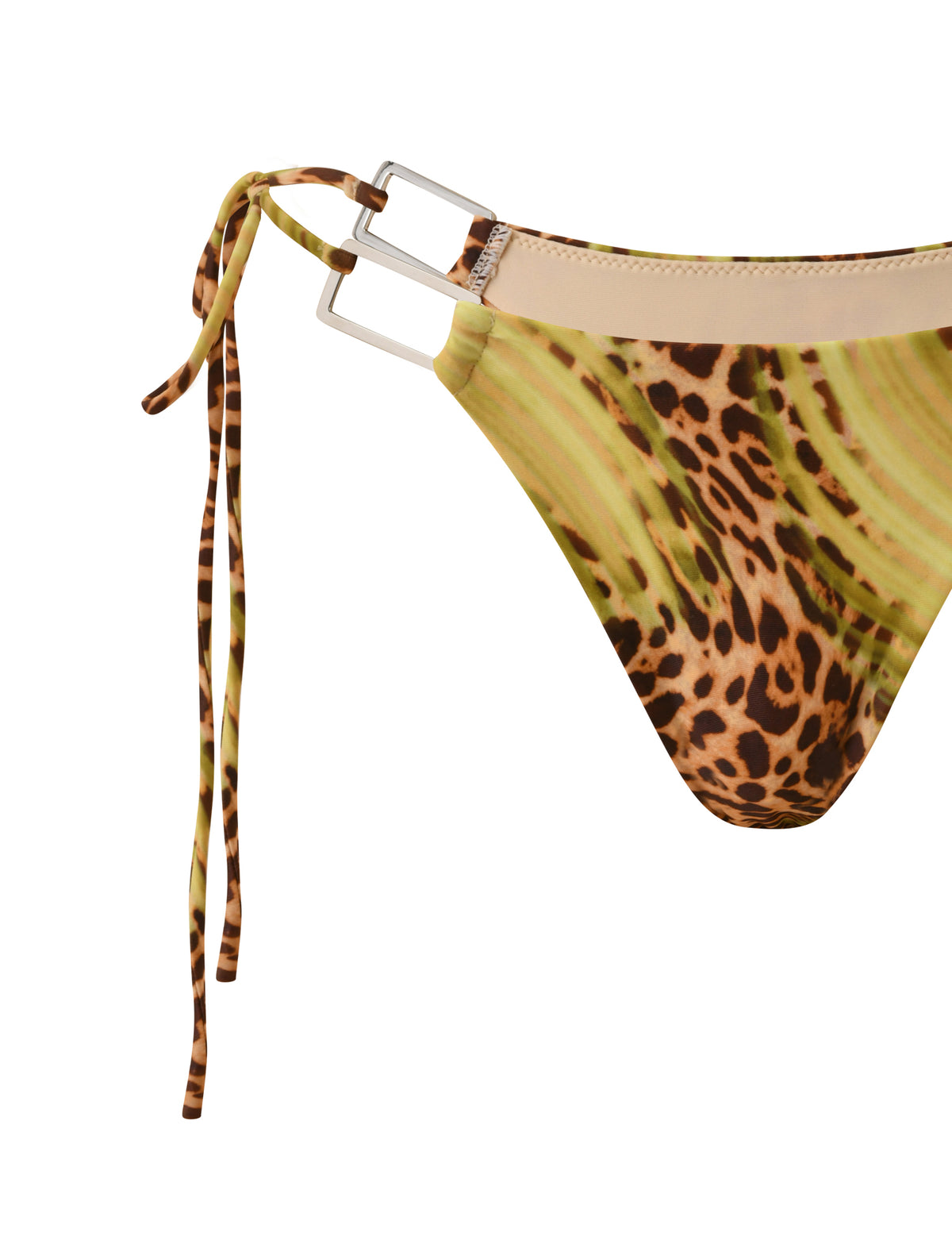 SCOTTIE BIKINI BOTTOM - ELECTRIC LEOPARD cheeky-fit bikini bottom in an electric yellow and brown leopard print, featuring adjustable side ties and silver rectangular metal hardware.