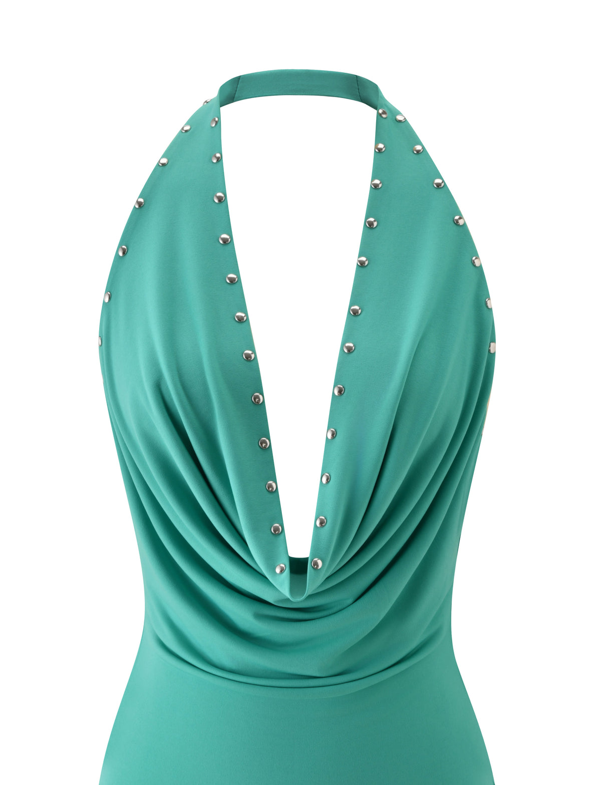 LEAH MINI DRESS - TURQUOISE cowl neck mini dress featuring a halter-neck design with silver stud embellishments along the straps.