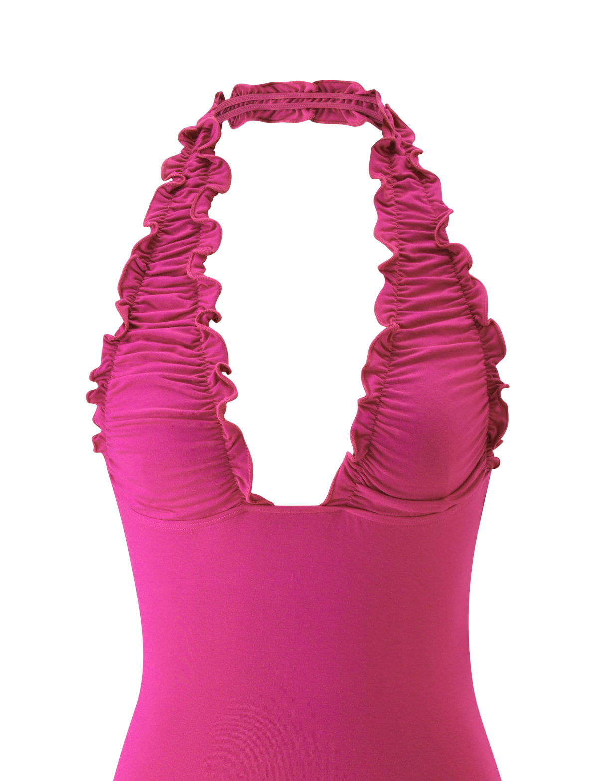 CANDI MINI DRESS - FUCHSIA in fuchsia pink with a deep V-neckline and ruched, ruffled halter straps.