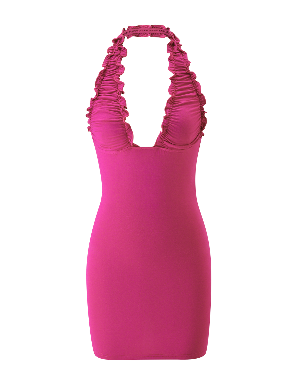CANDI MINI DRESS - FUCHSIA in fuchsia pink, featuring a deep V-neckline and ruffled halter straps.