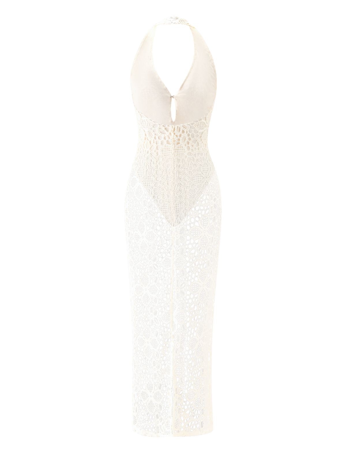 LARKIN MAXI DRESS - CREAM, a cream maxi dress with a halter neckline and crochet lace detailing throughout the bodice and skirt, perfect for a beach club.