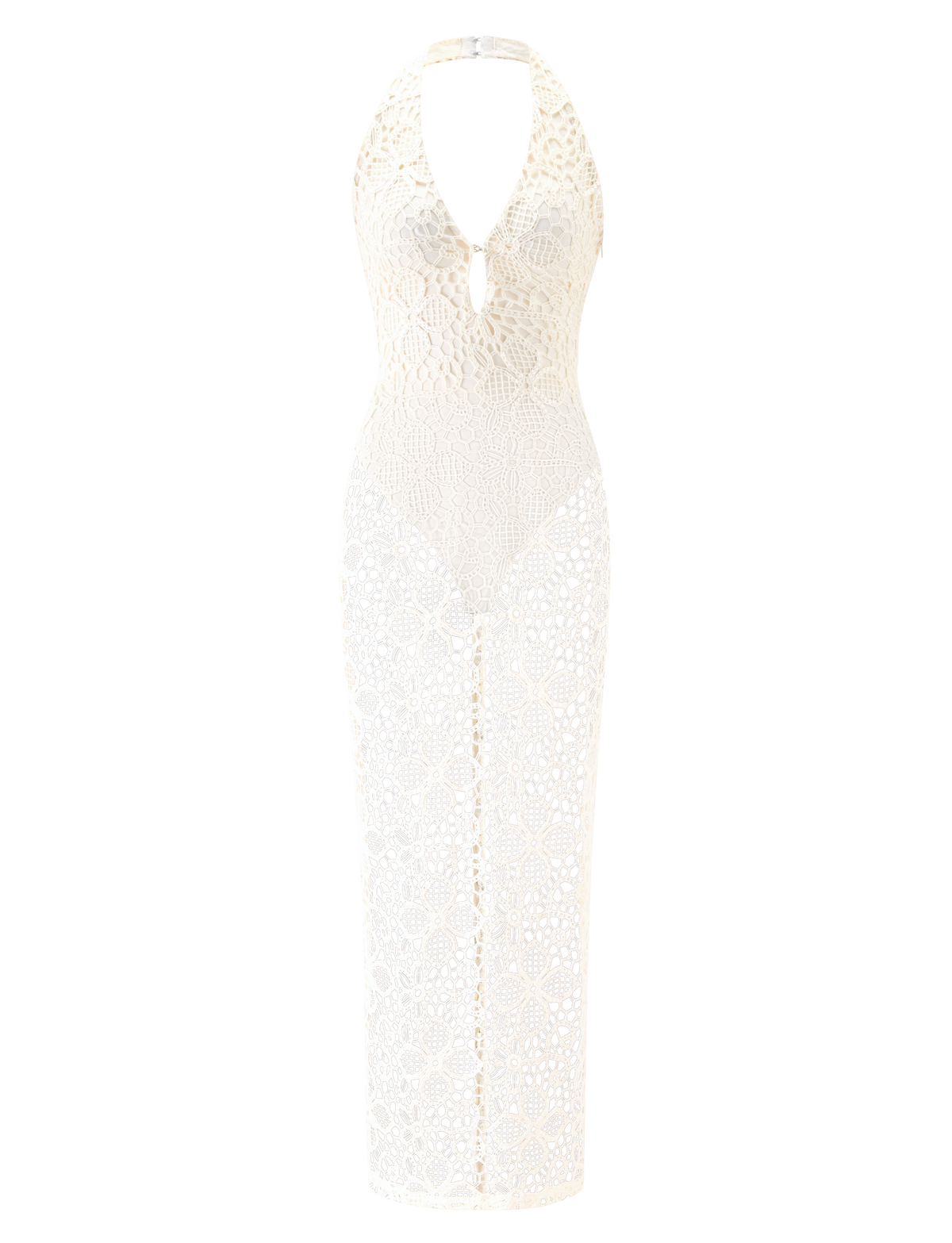 Cream-colored LARKIN MAXI DRESS - CREAM in crochet lace with a halter neckline and a plunging front cutout.