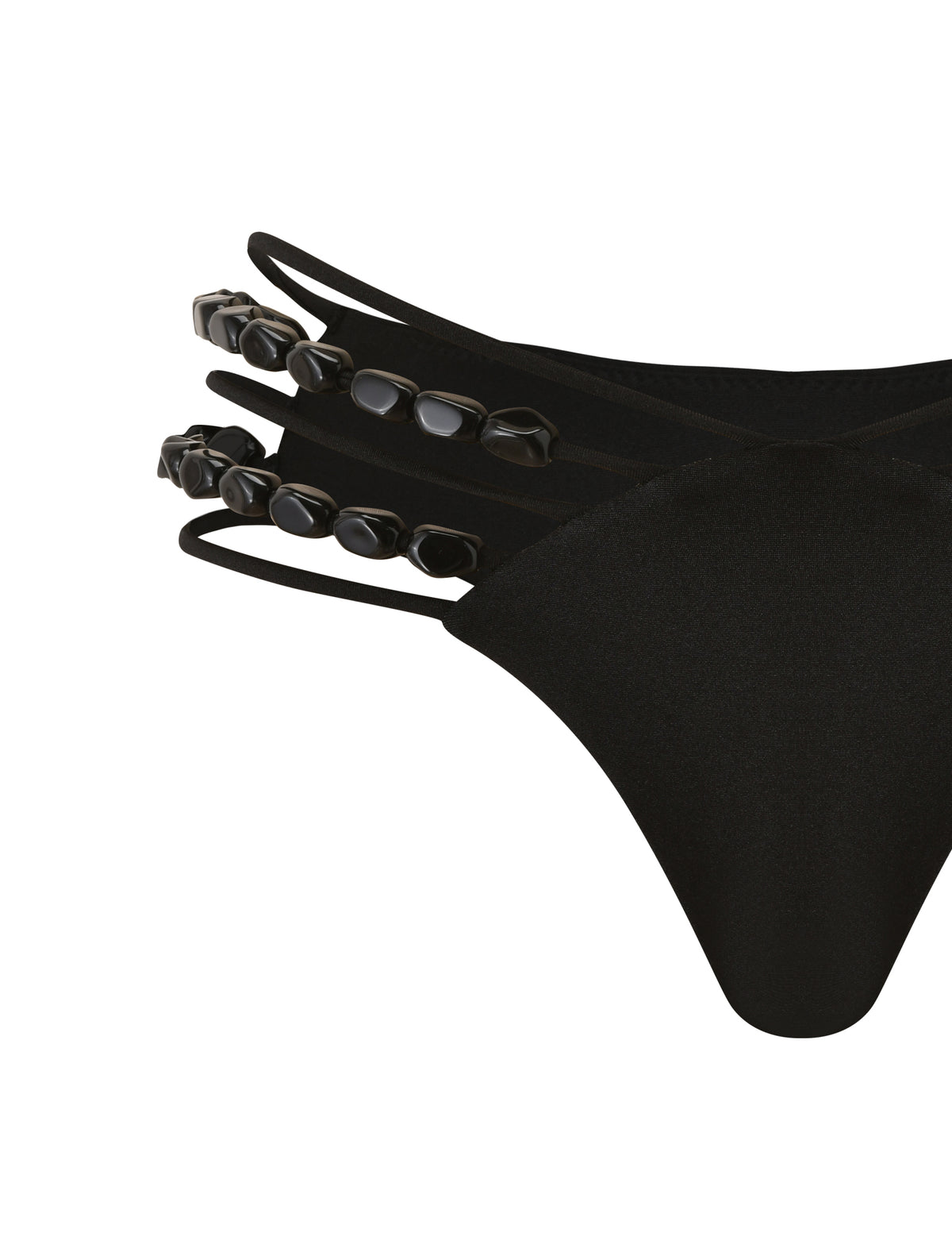 DARRYN BIKINI BOTTOM - BLACK cheeky fit bikini bottom with low-rise, triple-strap sides adorned with black beaded accents.