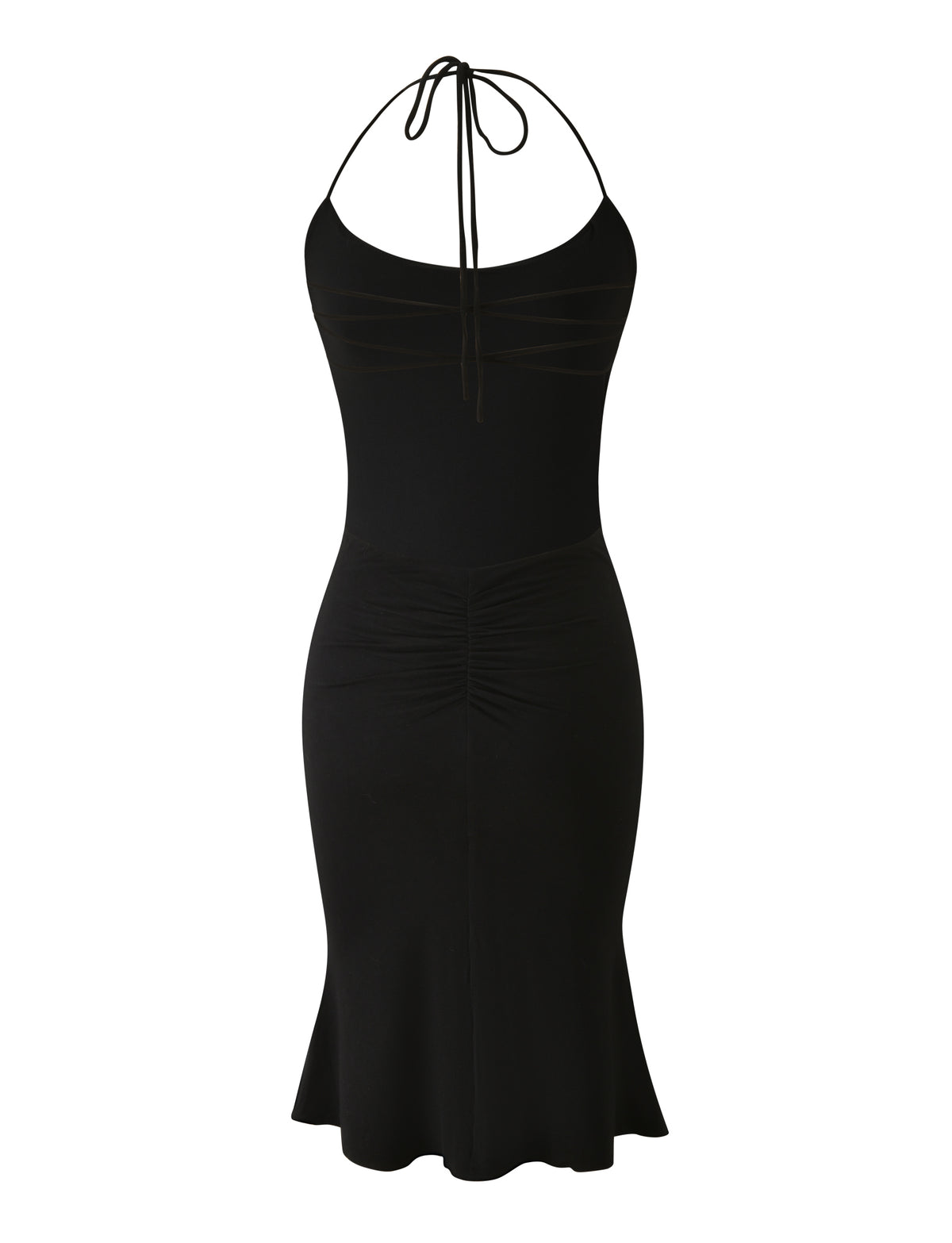 The EVE MIDI DRESS - BLACK by TIGERMIST is a fitted halter neck midi dress with a tie at the neck, ruched detailing at the bust and waist, and a subtly flared hem for a flattering look.