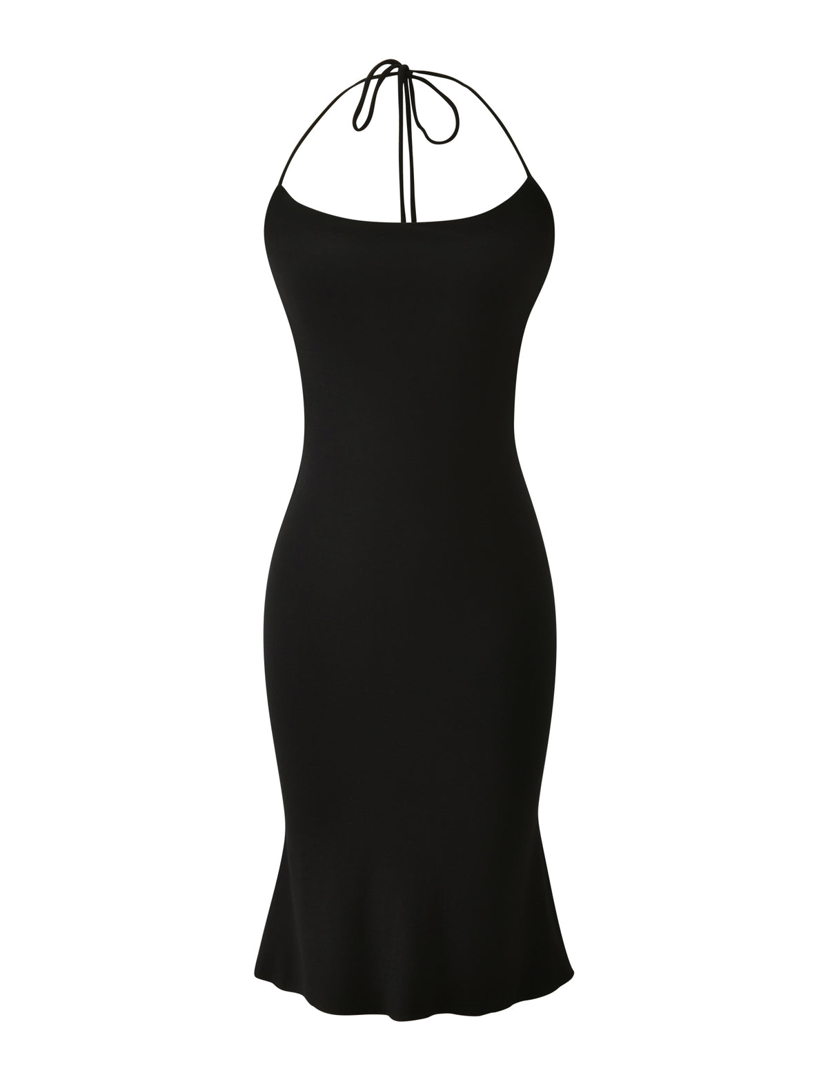 The EVE MIDI DRESS - BLACK by TIGERMIST is a sleeveless, form-fitting halter neck midi with thin tie straps and a subtly flared hem.